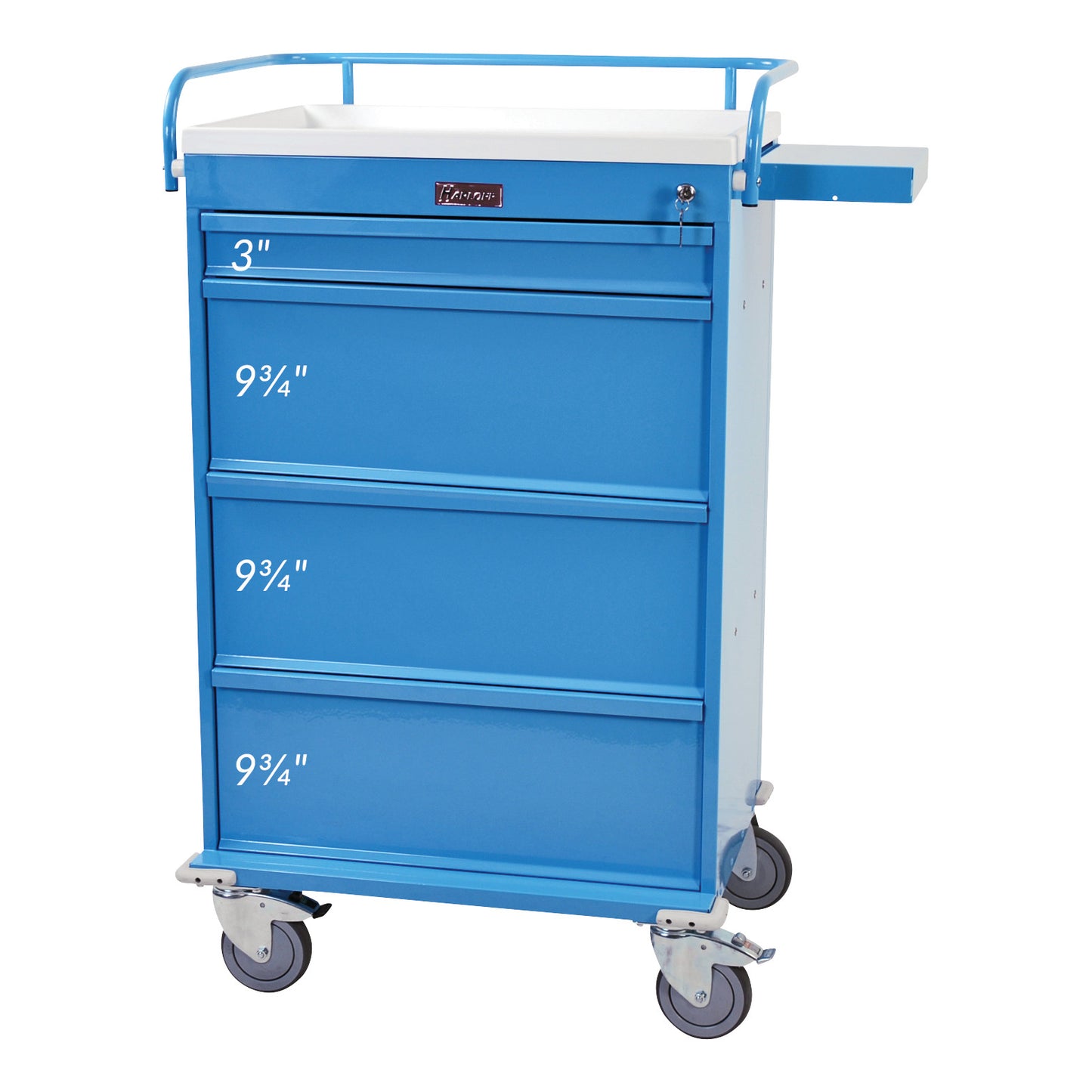 The Harloff Value Series Punch-Card Medication Dispensing Cart is blue with four labeled drawers and caster wheels for mobility.