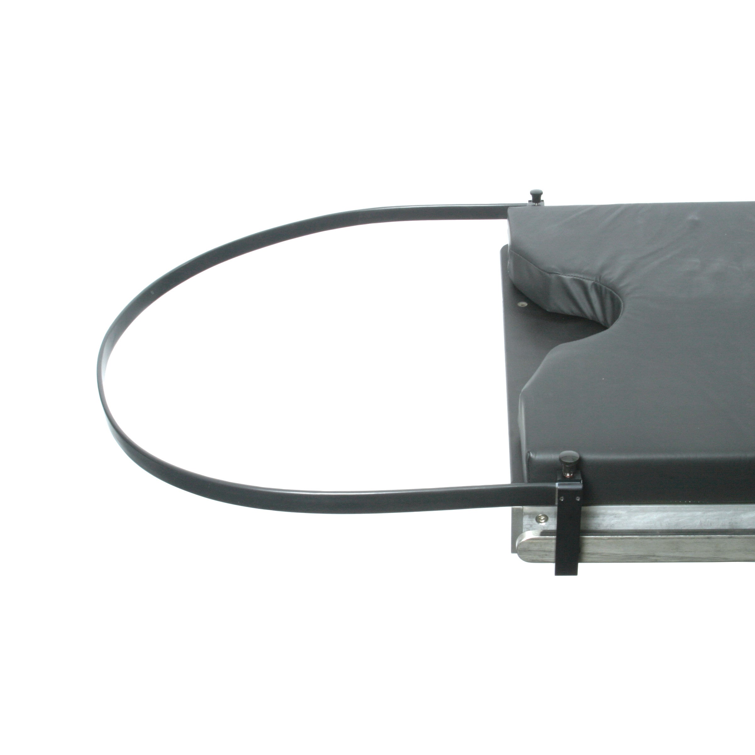 The Urocatch Frame with Integral Clamps is a padded medical support frame with a semi-circular metal band for positioning.