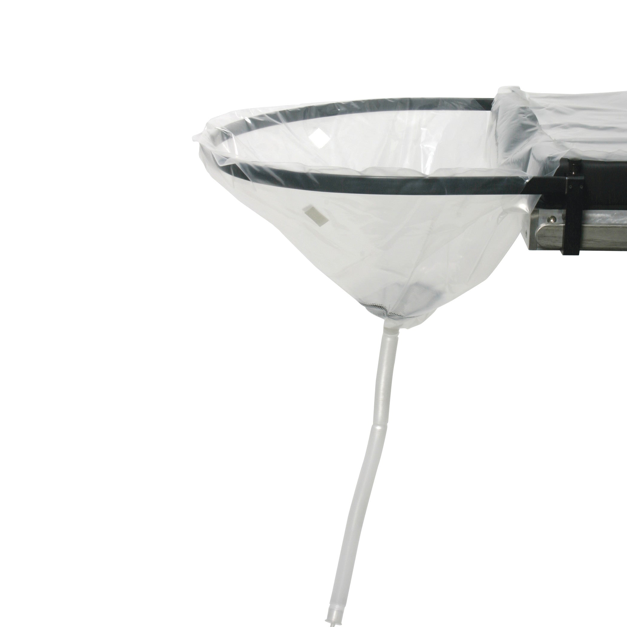 Drain Bag for Urocatch Frame attached to a metal frame, with a transparent material and a long drainage tube extending downward.