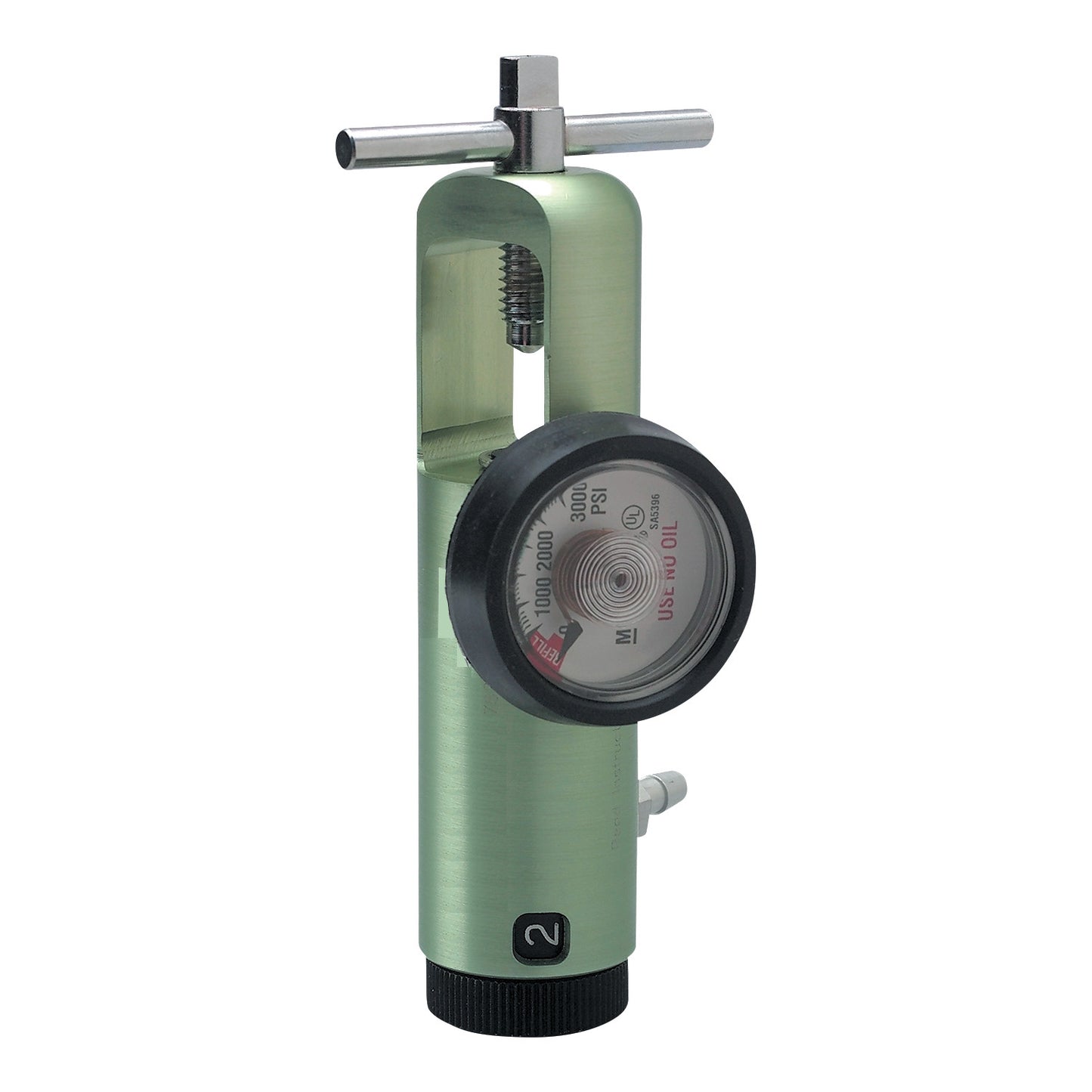 MRI Conditional CGA870 Click Style 0-25 LPM Oxygen Regulator with a pressure gauge and adjustment knob on a cylindrical base.