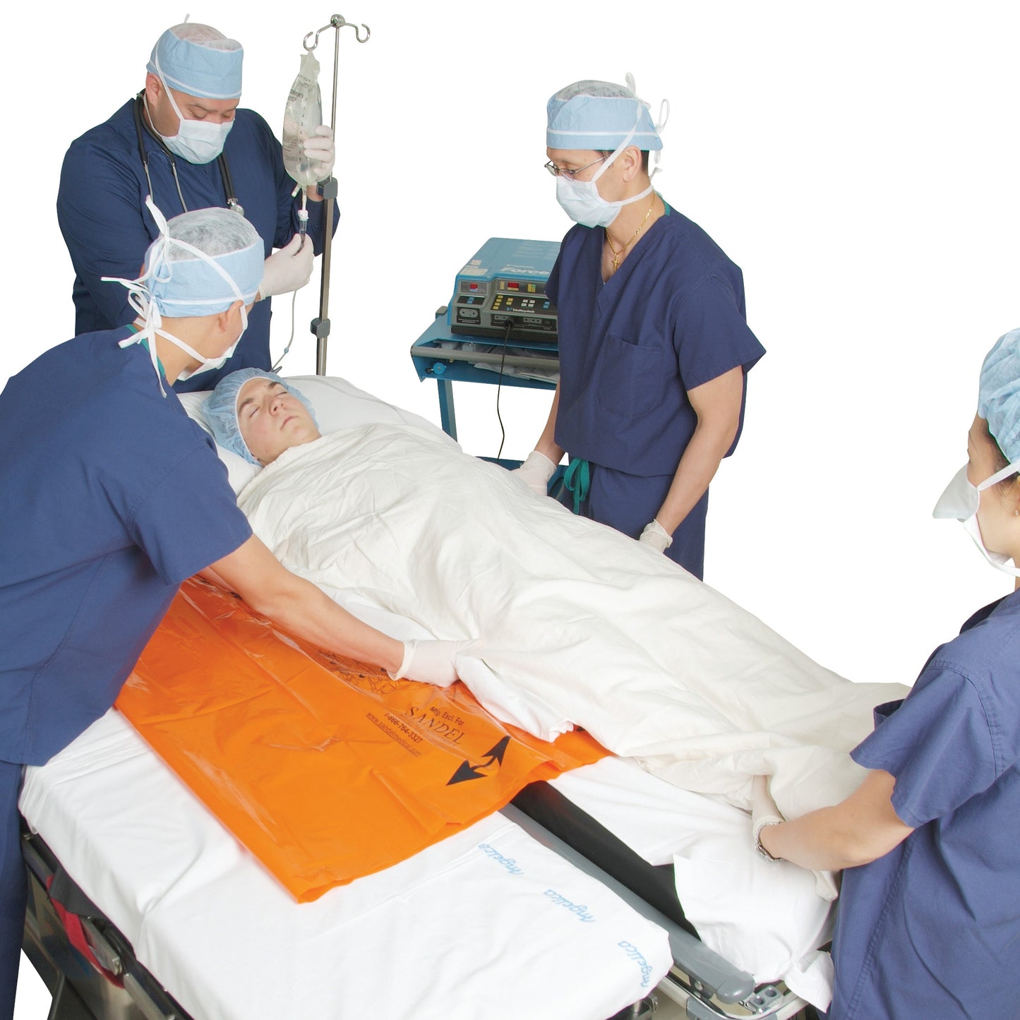 Medical staff use the SANDEL Z-Slider Patient Transfer and Repositioning Sheet to move a patient on a hospital bed.