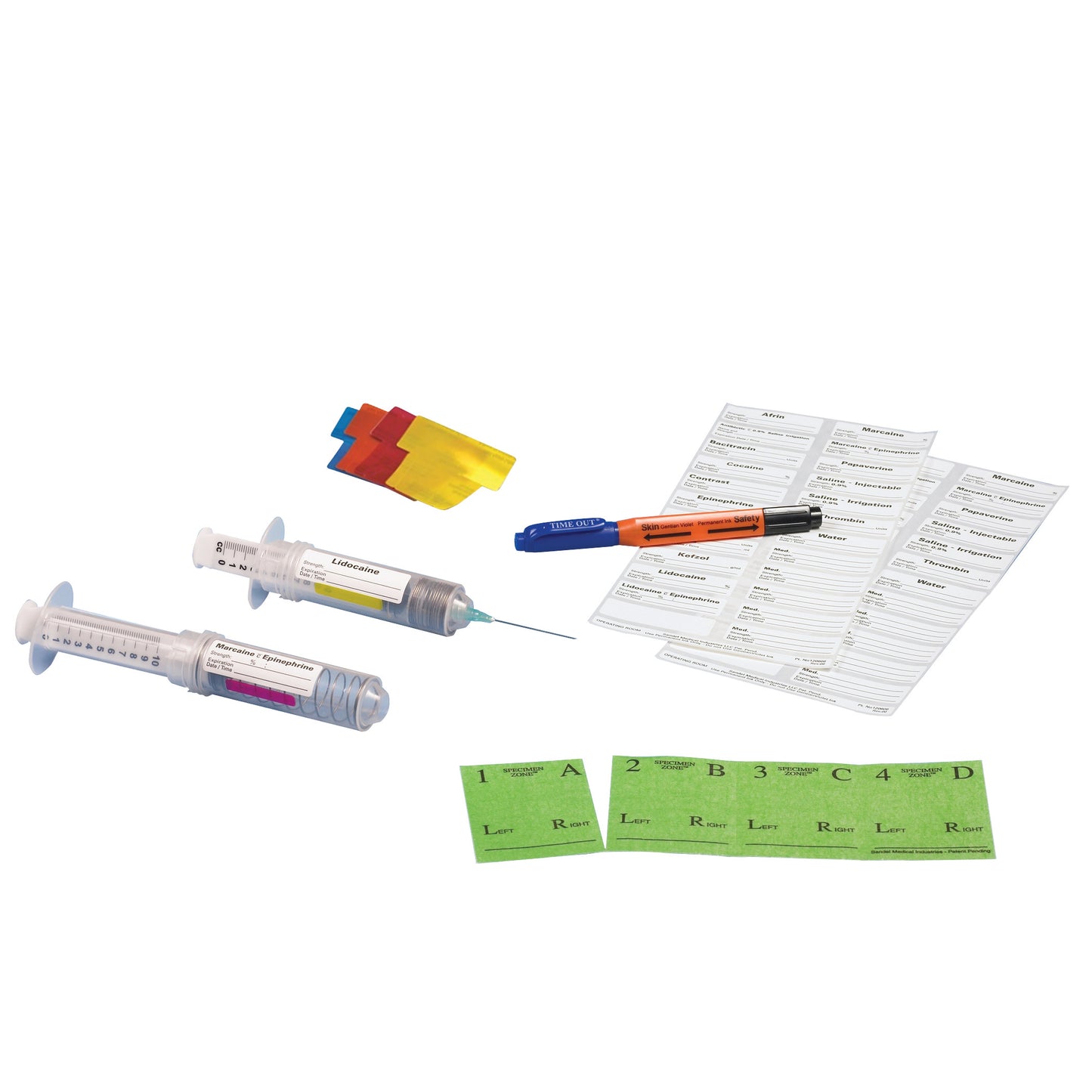 The image features the SANDEL Correct Medication Labeling System O.R. Kit, including labeled syringes, a pen, and colored tags.