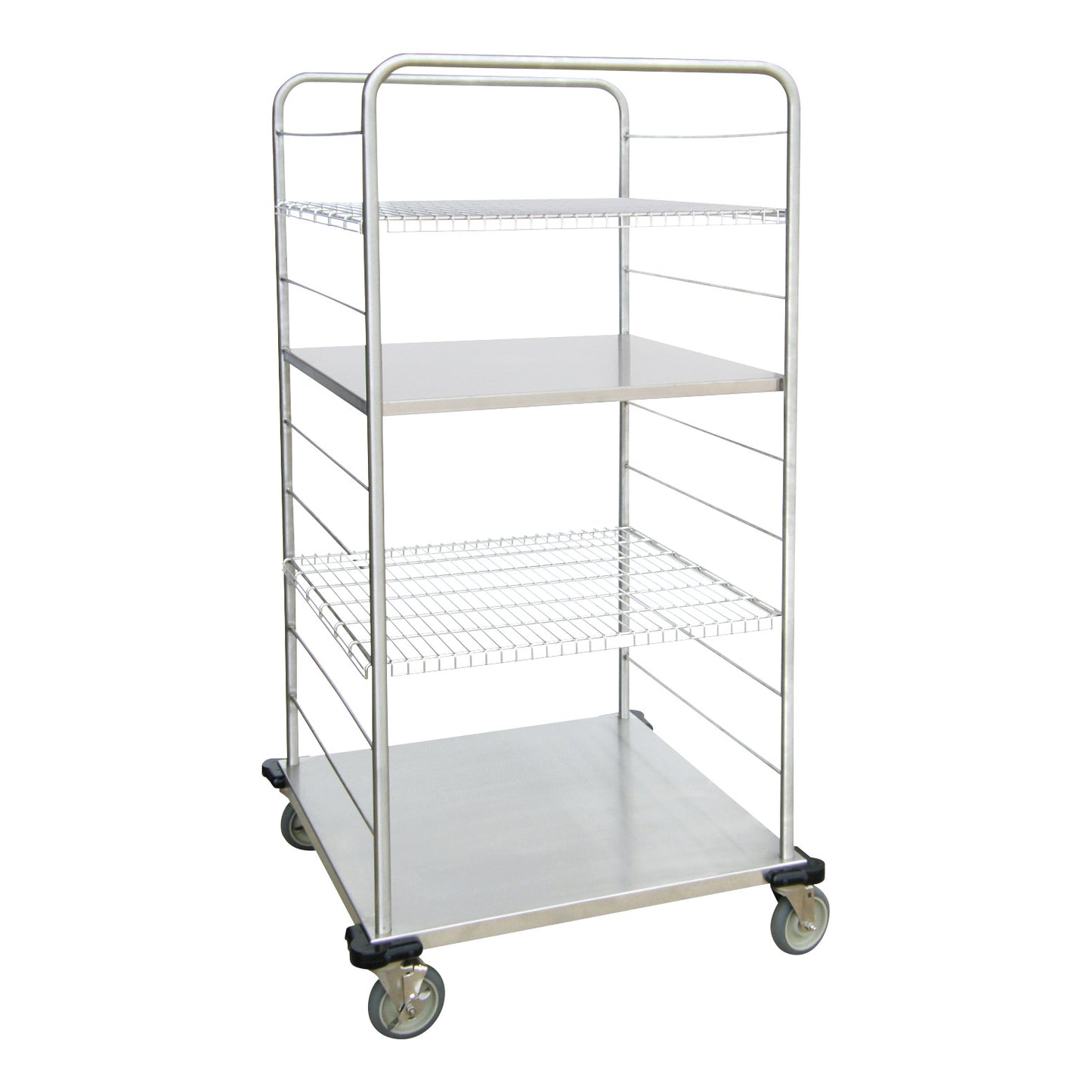 Lakeside Large Distribution Supply Cart with three shelves, a mix of solid and wire surfaces, and four caster wheels for mobility.