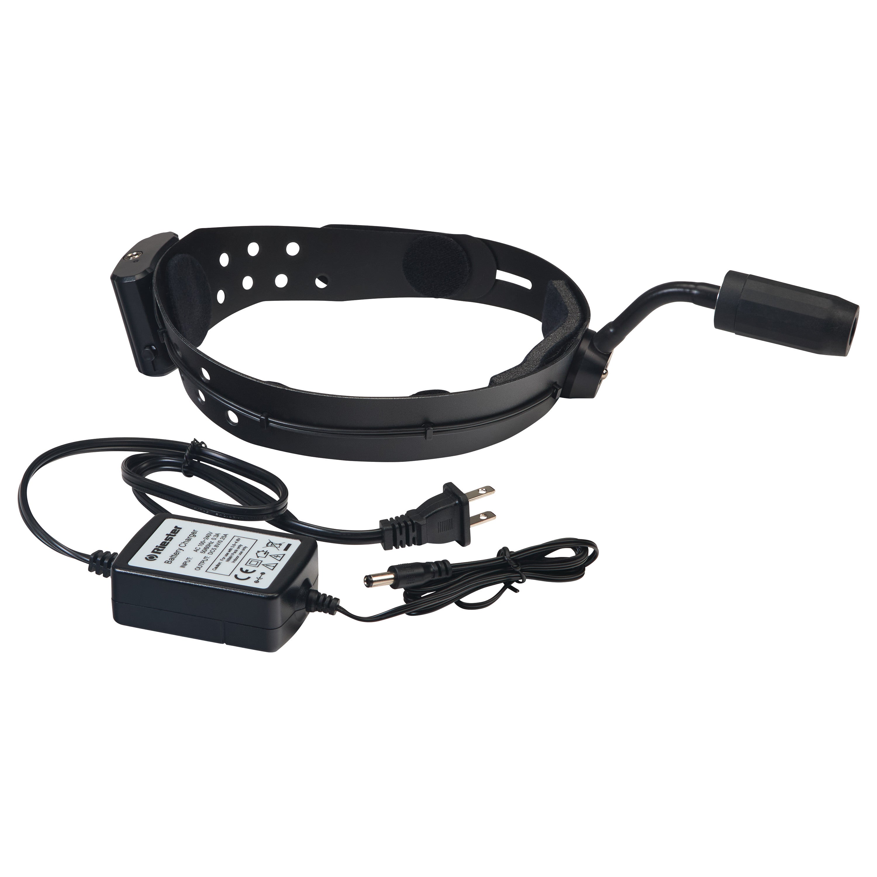 Riester ri-focus LED Exam Headlight with Rechargeable Battery Kit, featuring an adjustable band and attached power adapter.