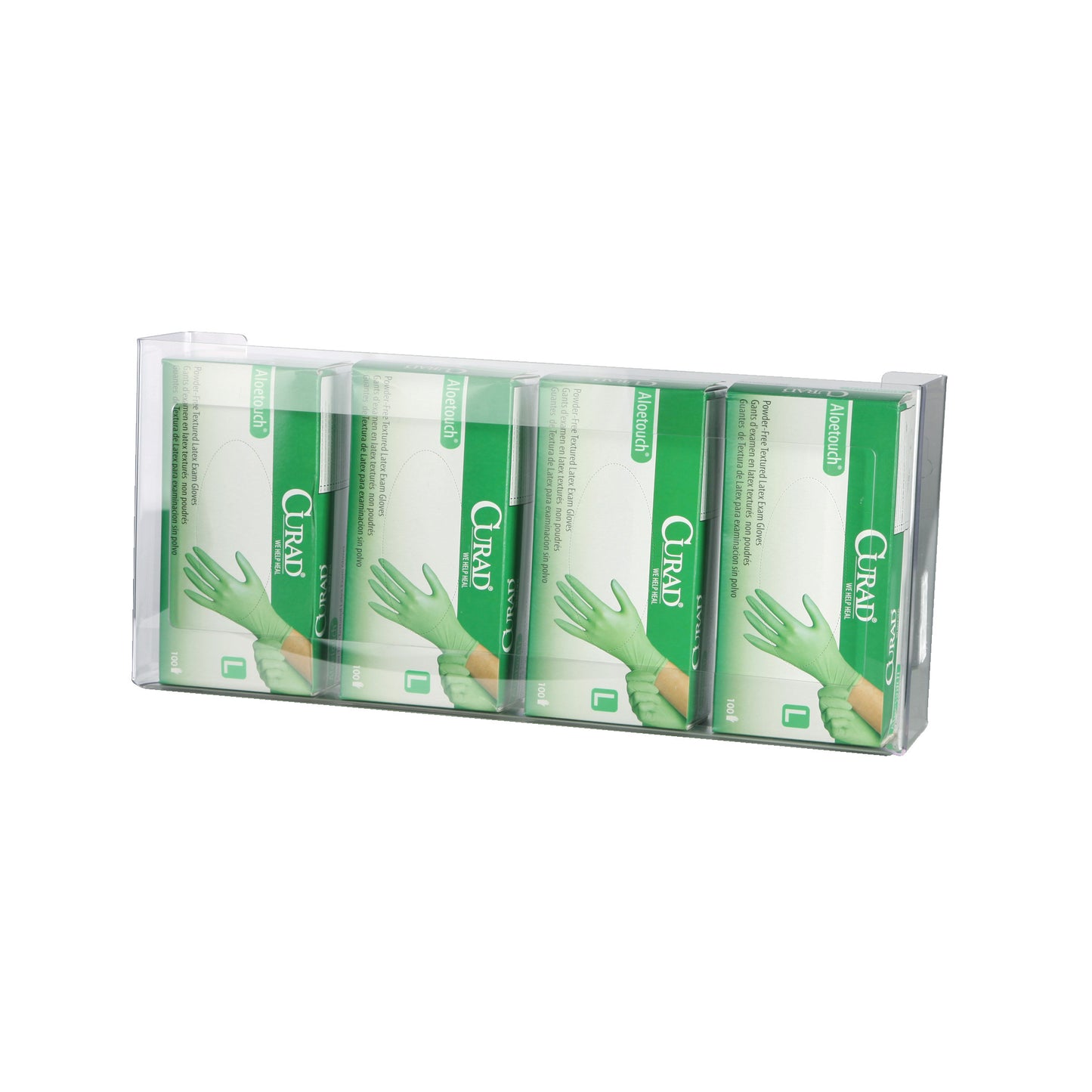 AliMed Clear PETG Glove Dispenser holds four boxes of green Curad gloves, displayed in a transparent wall-mounted case.