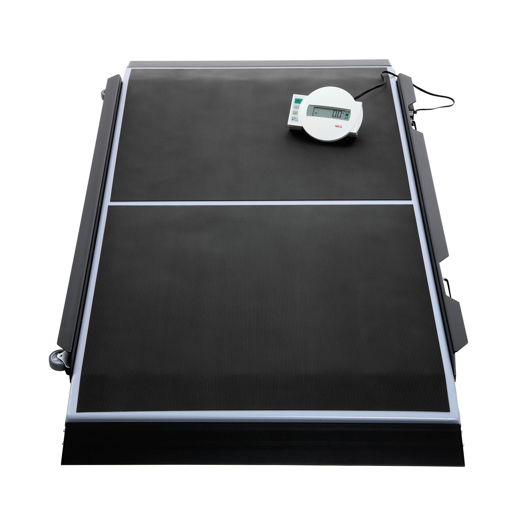 seca 656 Electronic Platform Scale features a large black weighing platform with a digital display attached by a cable.