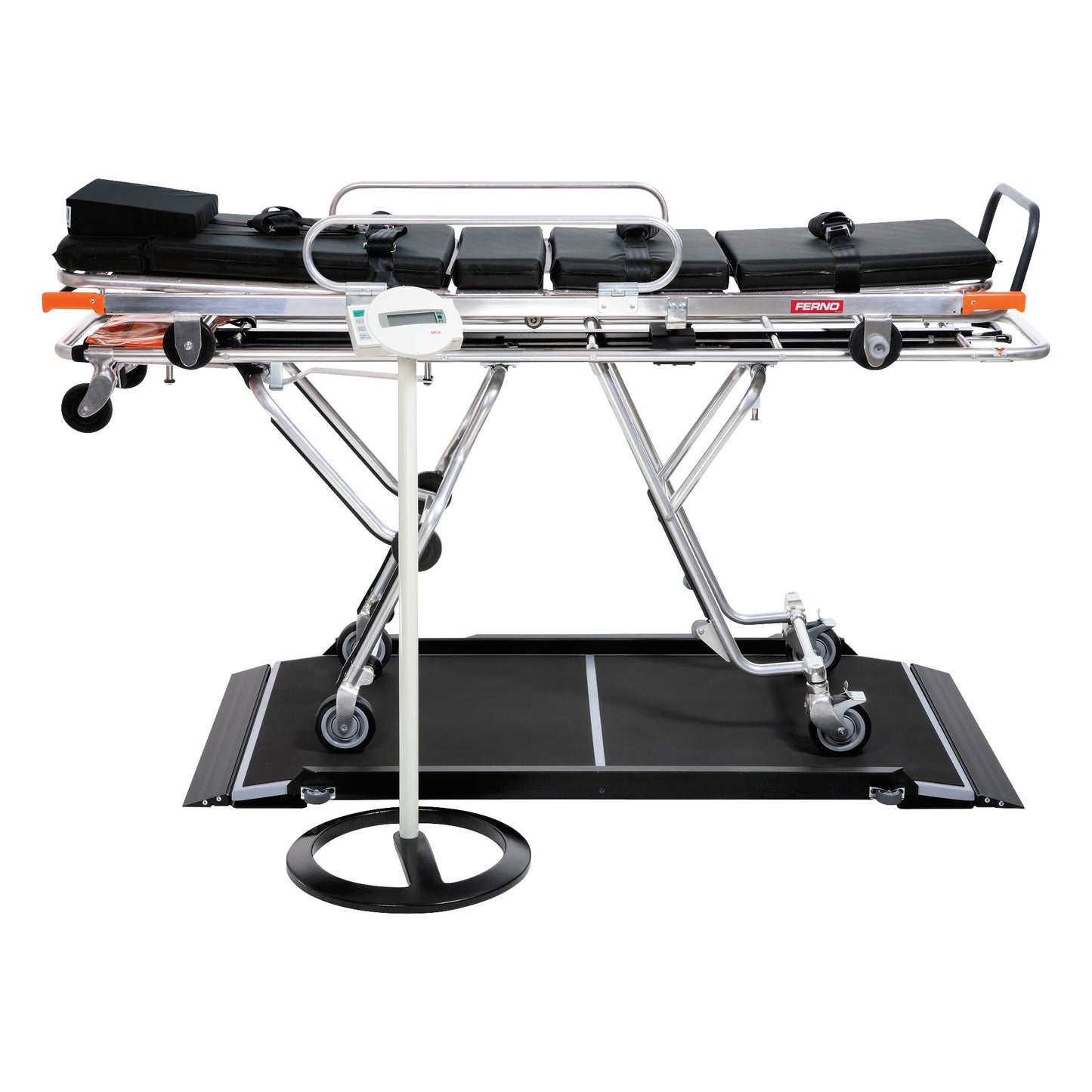 Seca 656 Electronic Platform Scale with a wheeled stretcher on top, featuring a digital display and sturdy base.