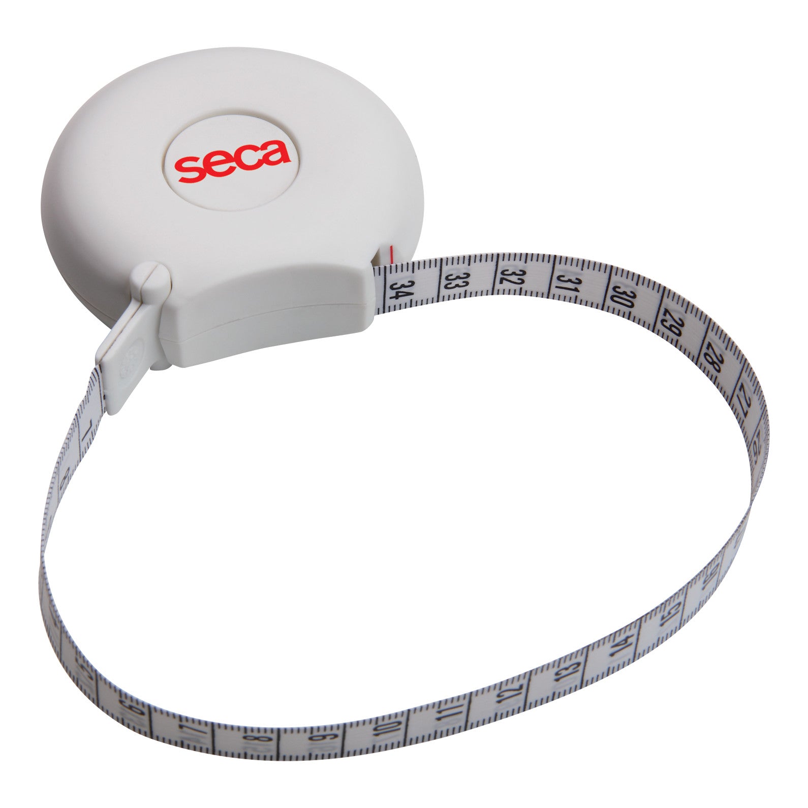 Seca 201 Ergonomic Circumference Measuring Tape with a white case and retractable, marked tape extended, showing measurements.