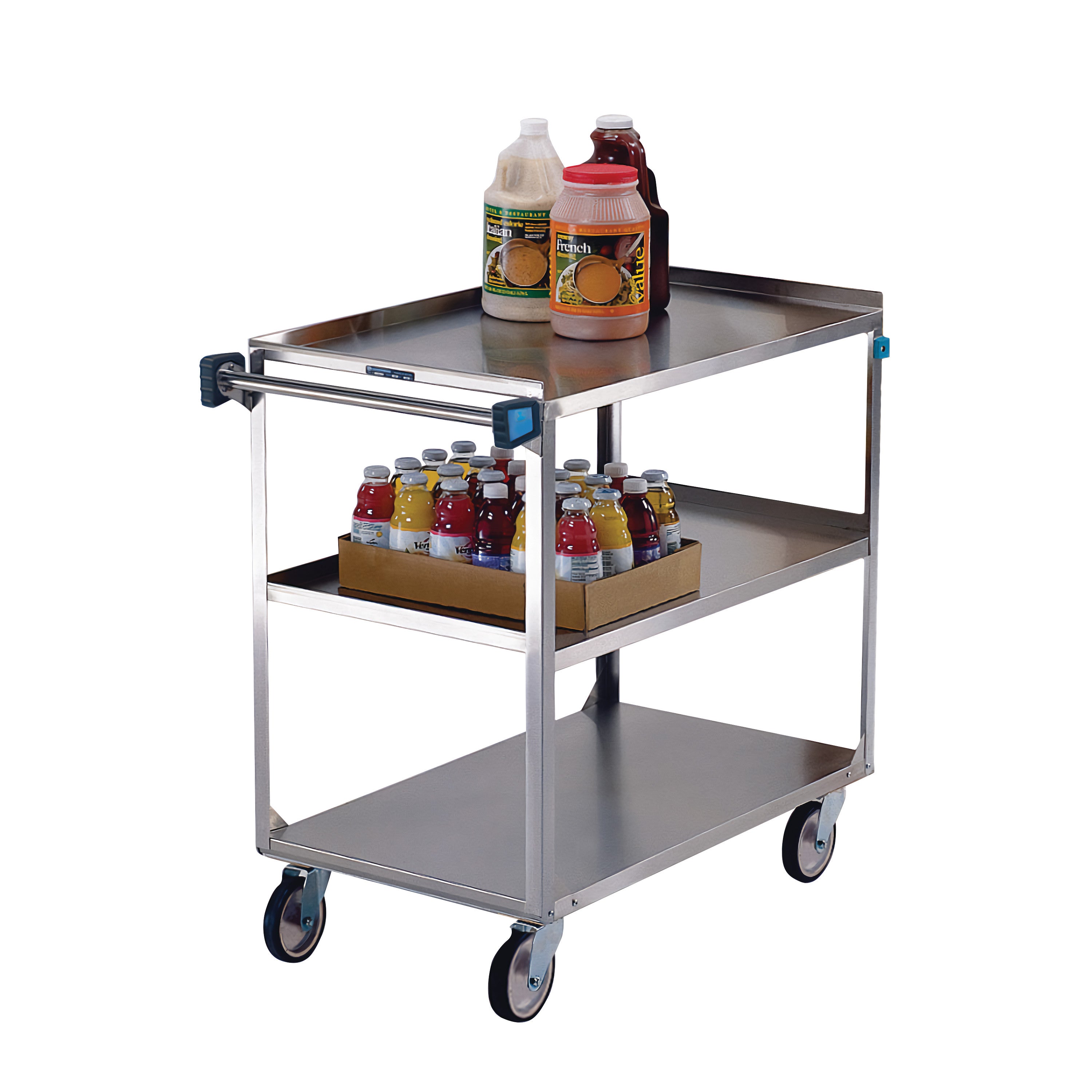 AliMed Heavy Duty Stainless Steel Utility Cart with two shelves holds large condiment bottles on top and assorted drinks below.
