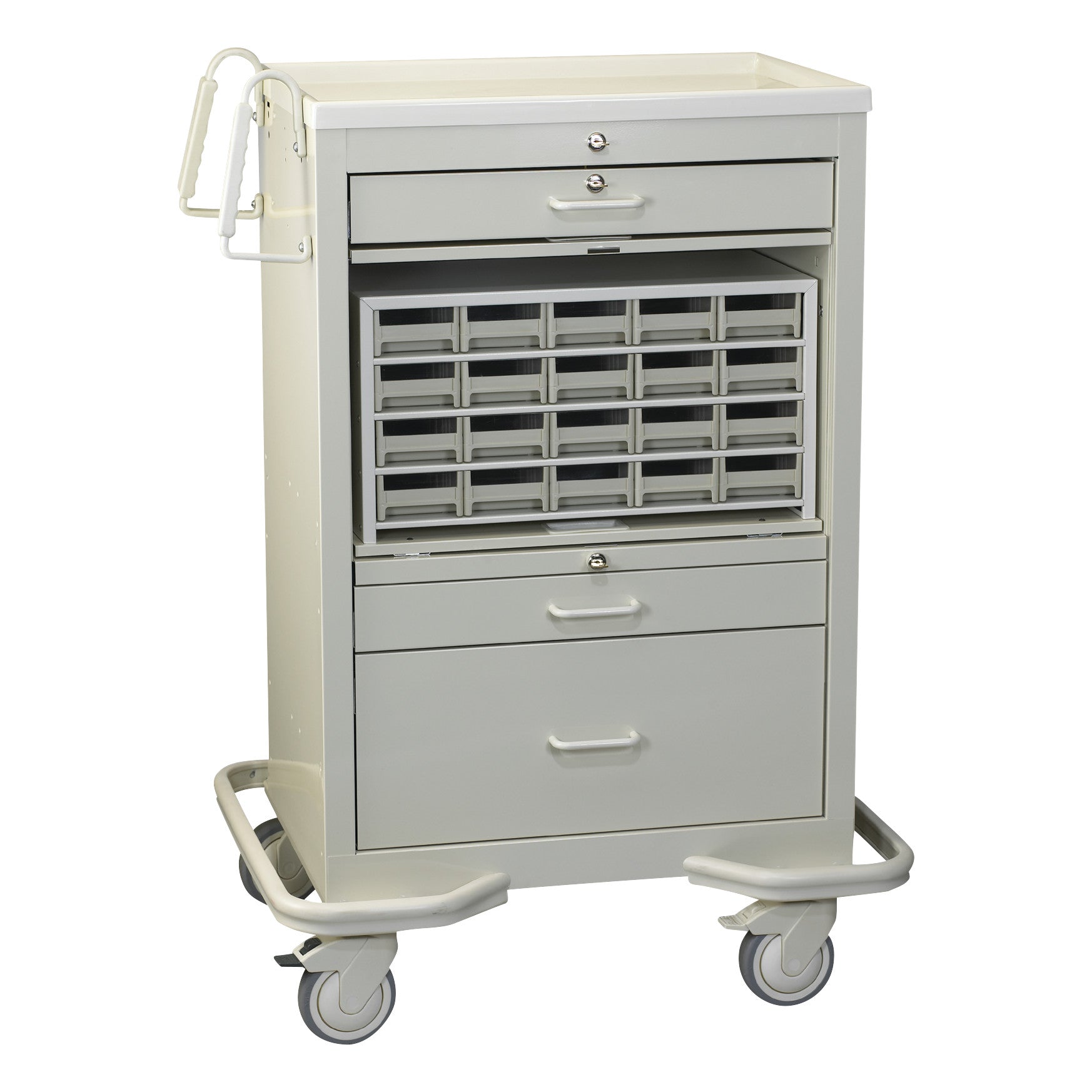 AliMed Medication Cart with Key Lock, featuring drawers, multiple compartments, and wheels for mobility, is displayed in a plain setting.