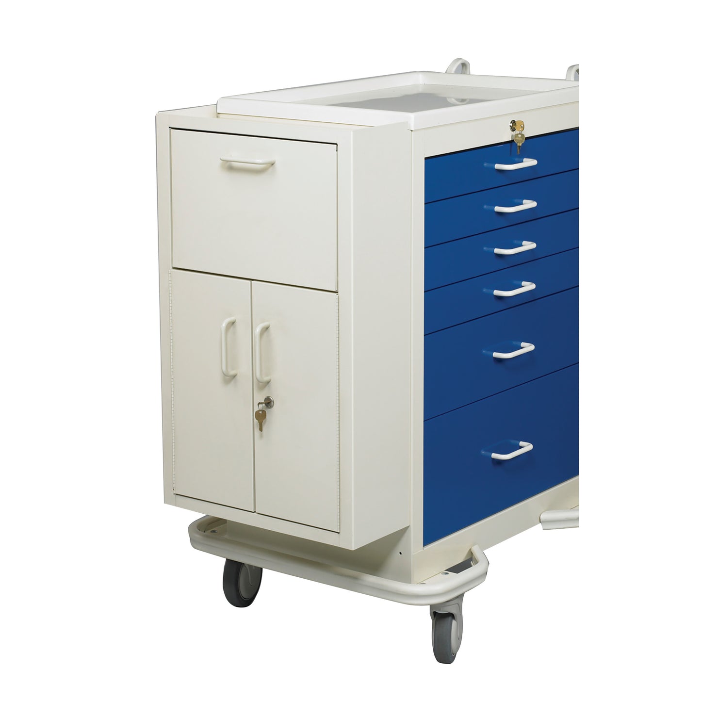 AliMed Cart Accessory: Side Cabinet with Key Lock and Waste Container for Standard/Wide Series Medical Carts, featuring drawers and wheels.