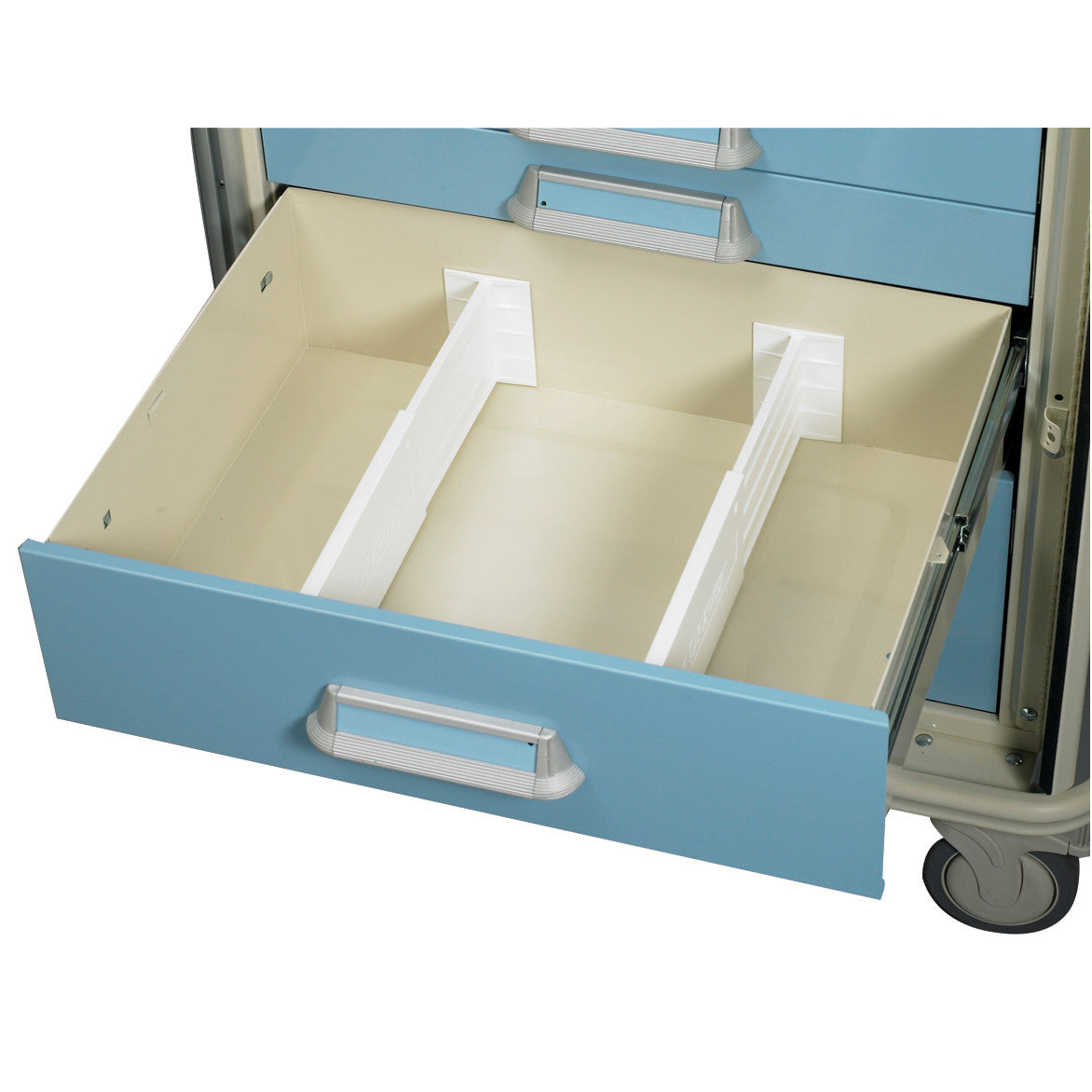 AliMed Cart Accessory: Spring-Tension Drawer Divider Set installed in a blue medical cart drawer with two white dividers.