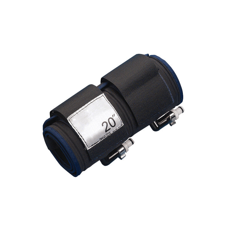 The image shows the Expressaire Positive Locking Disposable Tourniquet Cuff, a 20-inch rolled black and blue medical device.