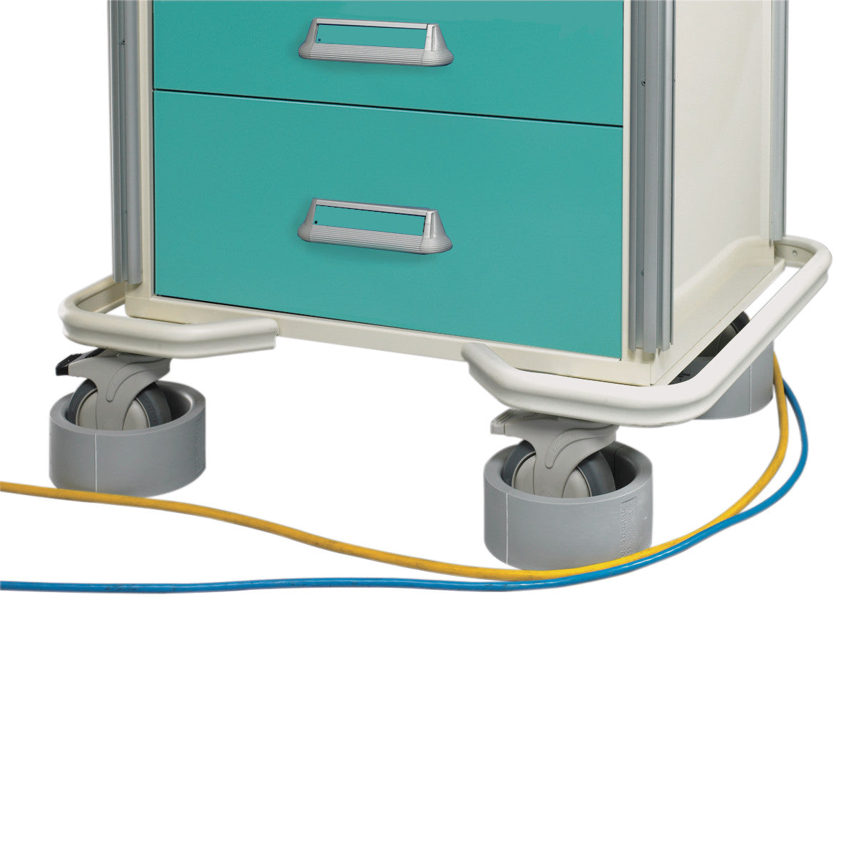 A mobile cabinet with two turquoise drawers has AliMed Caster Guards and is surrounded by yellow and blue cables.