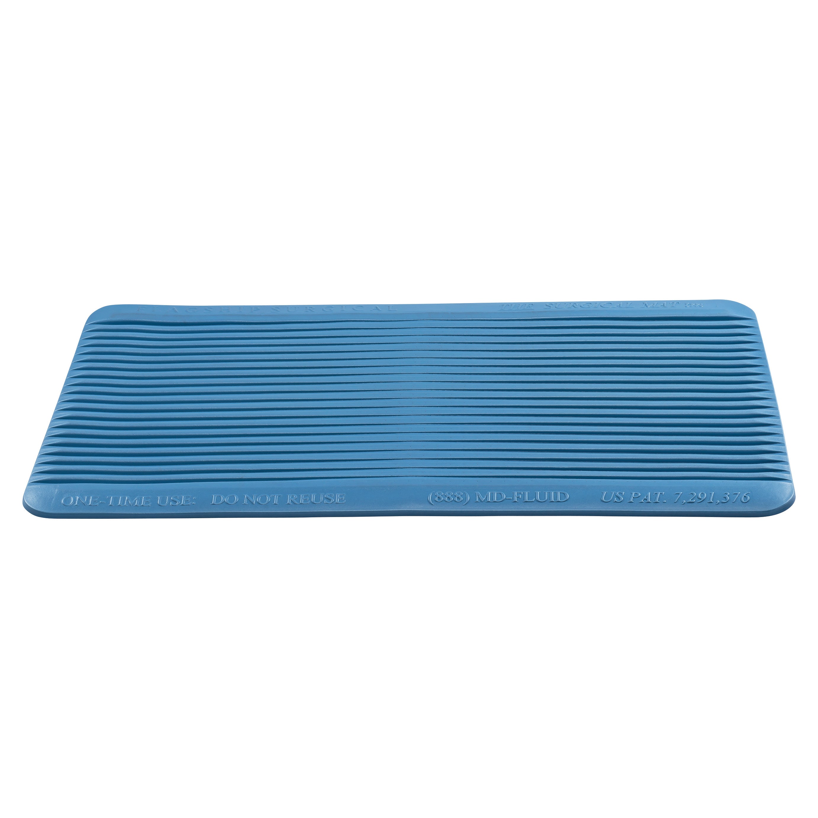 A blue Flagship Surgical Mat with a ribbed surface and embossed text indicating it is for one-time use only.