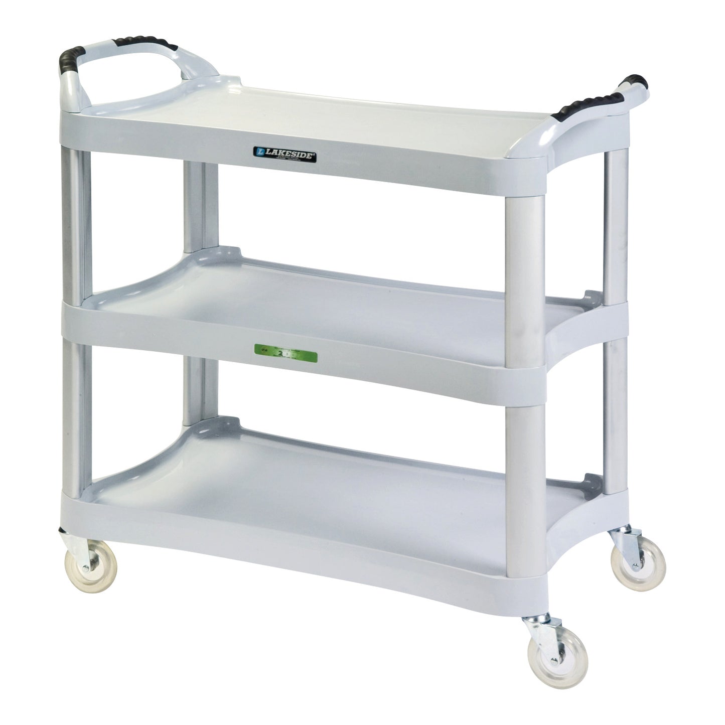 The Lakeside Medium Duty Plastic Utility Cart has three grey shelves, four wheels, and black handles for easy maneuverability.