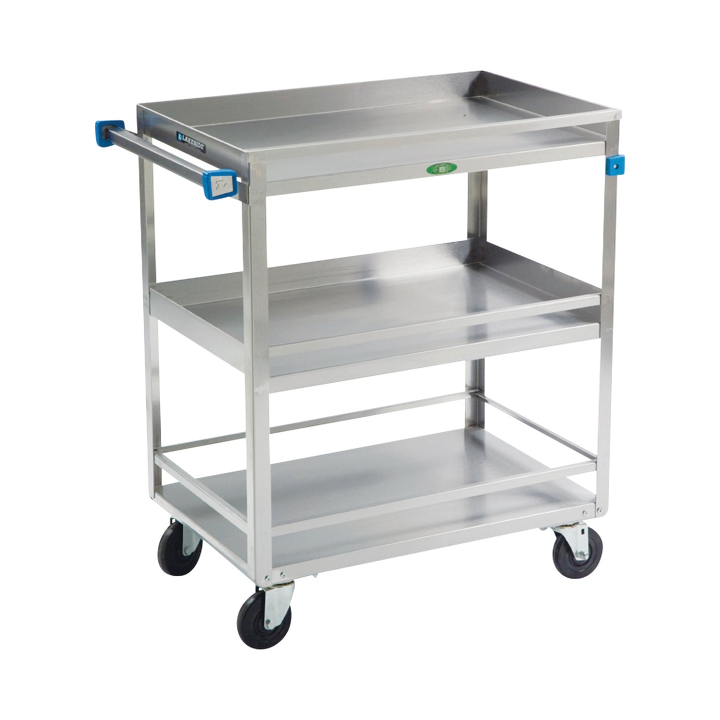 A Lakeside Standard Duty Stainless Steel Guard Rail Utility Cart with three shelves, a handle, and swivel casters on each corner.