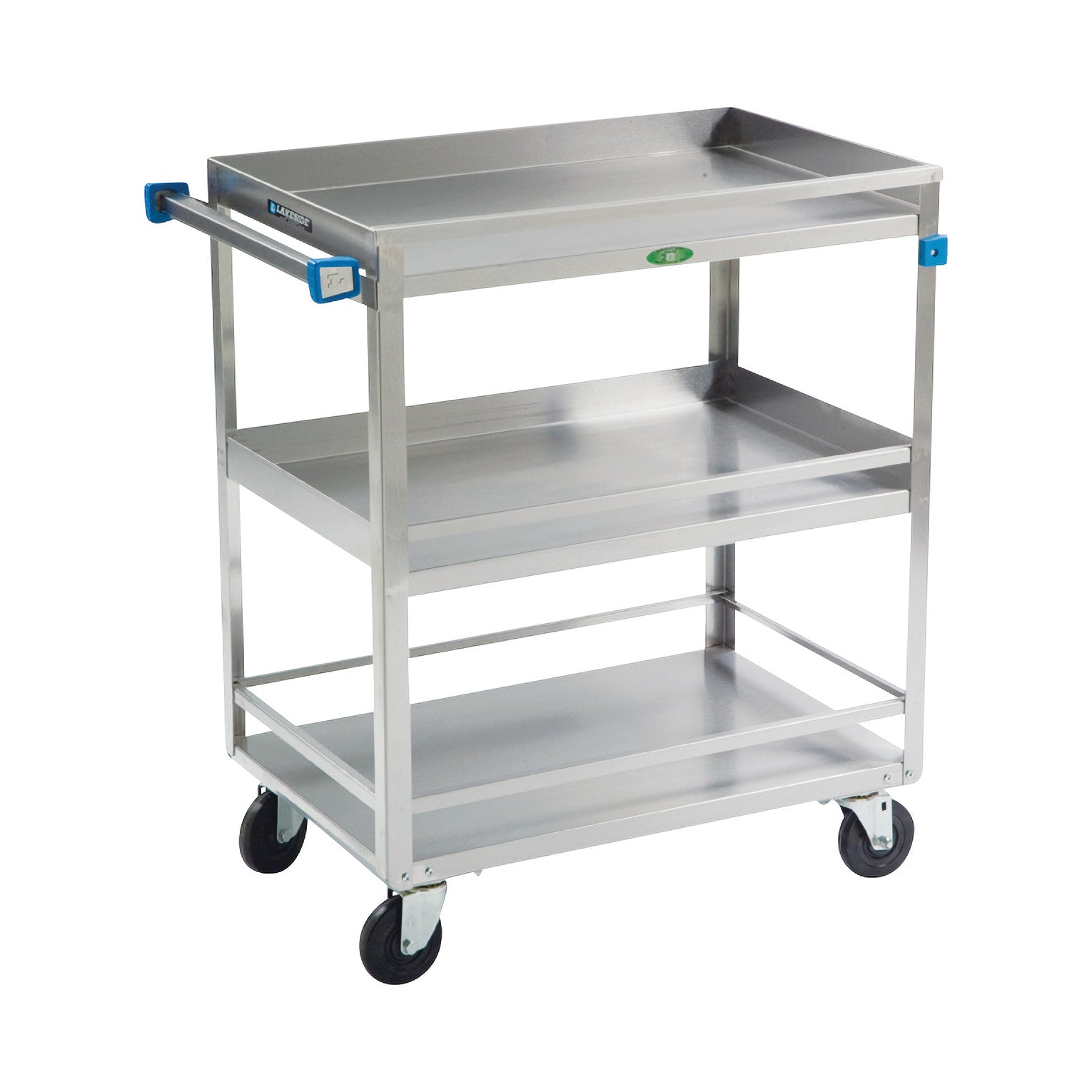 A Lakeside Standard Duty Stainless Steel Guard Rail Utility Cart with three shelves, a handle, and swivel casters on each corner.