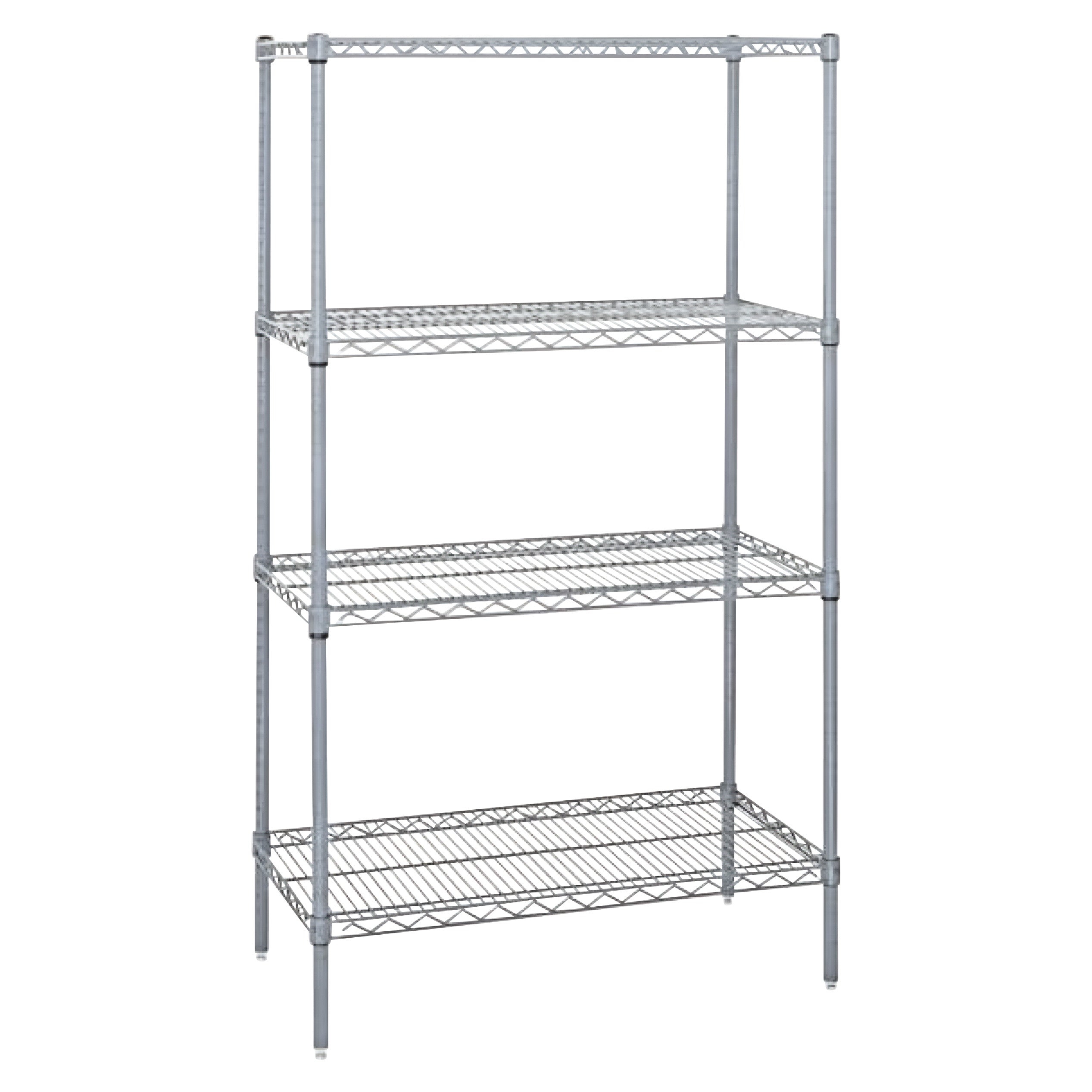 A four-tier Quantum Chrome Wire Starter Shelving Unit with adjustable chrome wire shelves and sturdy metal frame.