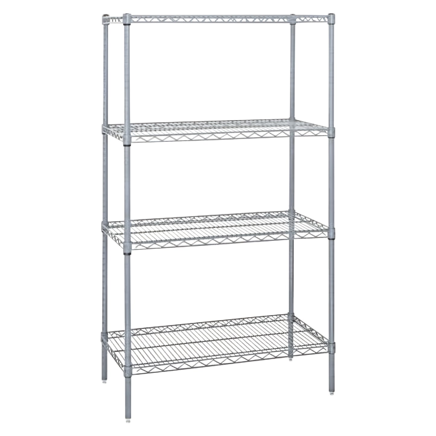 A four-tier Quantum Chrome Wire Starter Shelving Unit with adjustable chrome wire shelves and sturdy metal frame.
