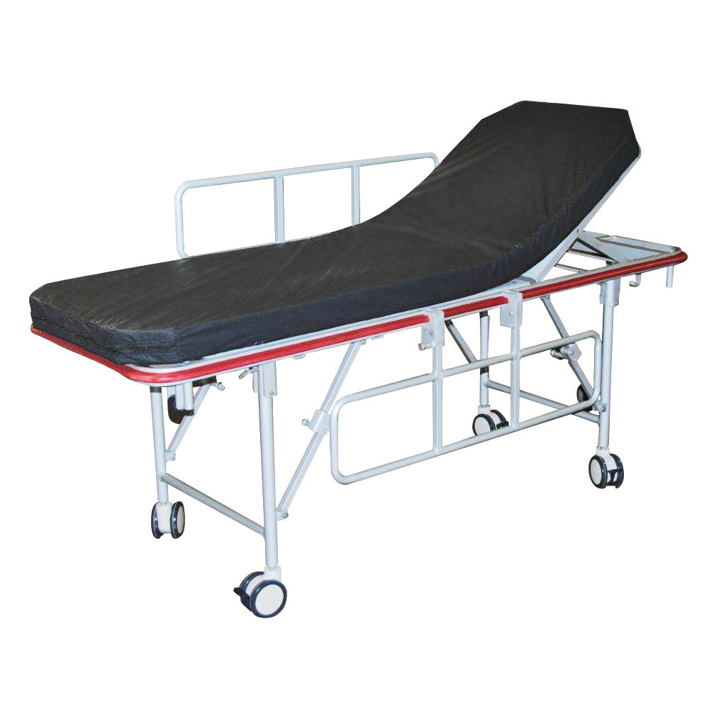 Aluminum Non-Ferromagnetic Stretcher with a black cushioned surface, adjustable backrest, side rails, and wheels for mobility.