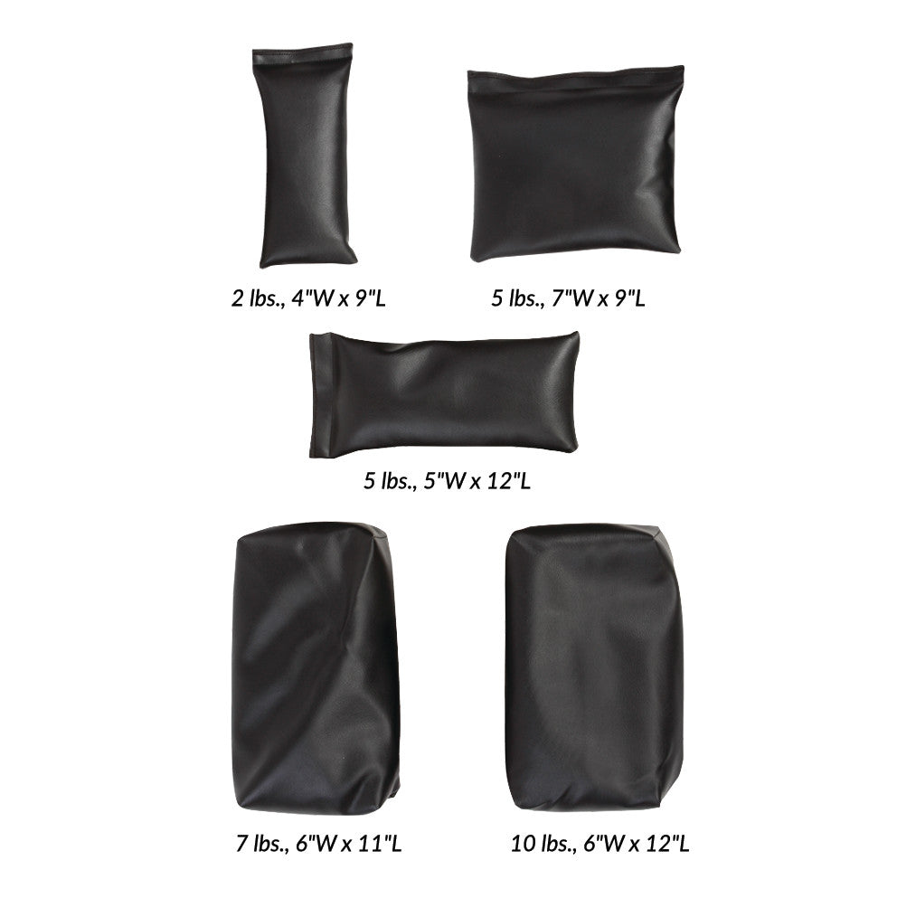 AliMed Femoral Sandbag Set includes five black sandbags of various weights and dimensions, ranging from 2 to 10 lbs.