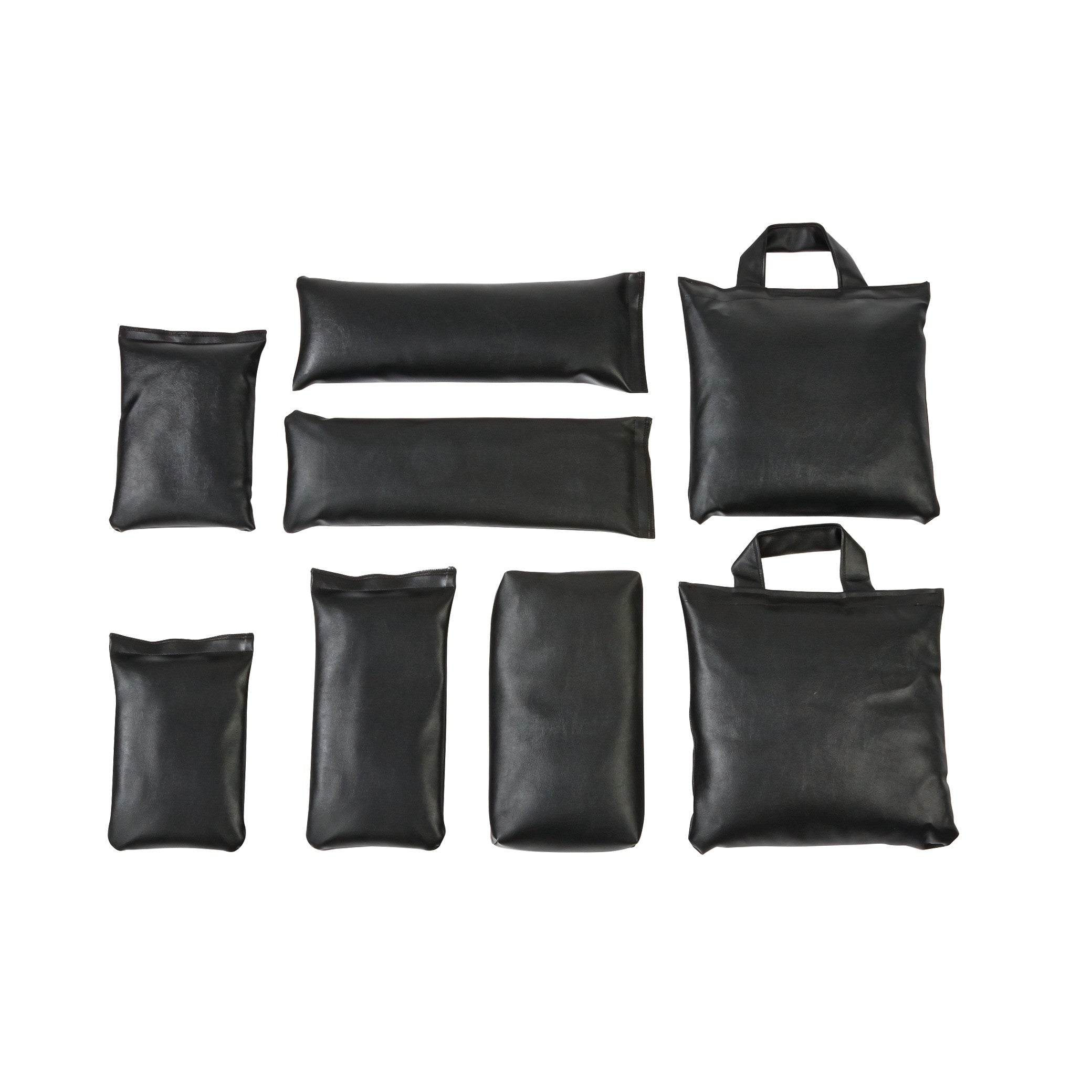 AliMed General Sandbag Set B, featuring eight black rectangular sandbags in various sizes, with two having handles.