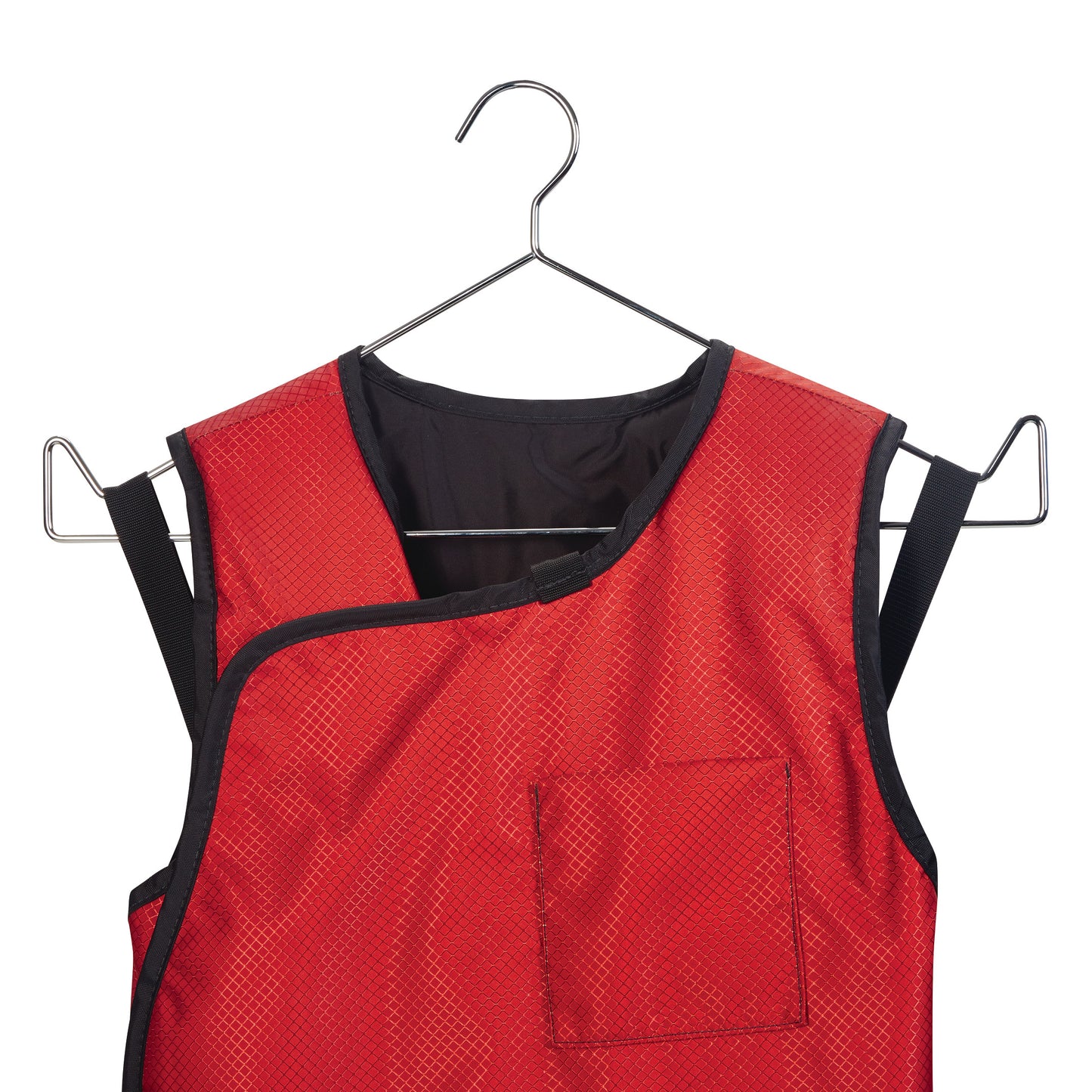 A red vest with a square pocket is hanging on an AliMed Heavy-Duty Radiation Protection Apron Hanger using a metal loop.