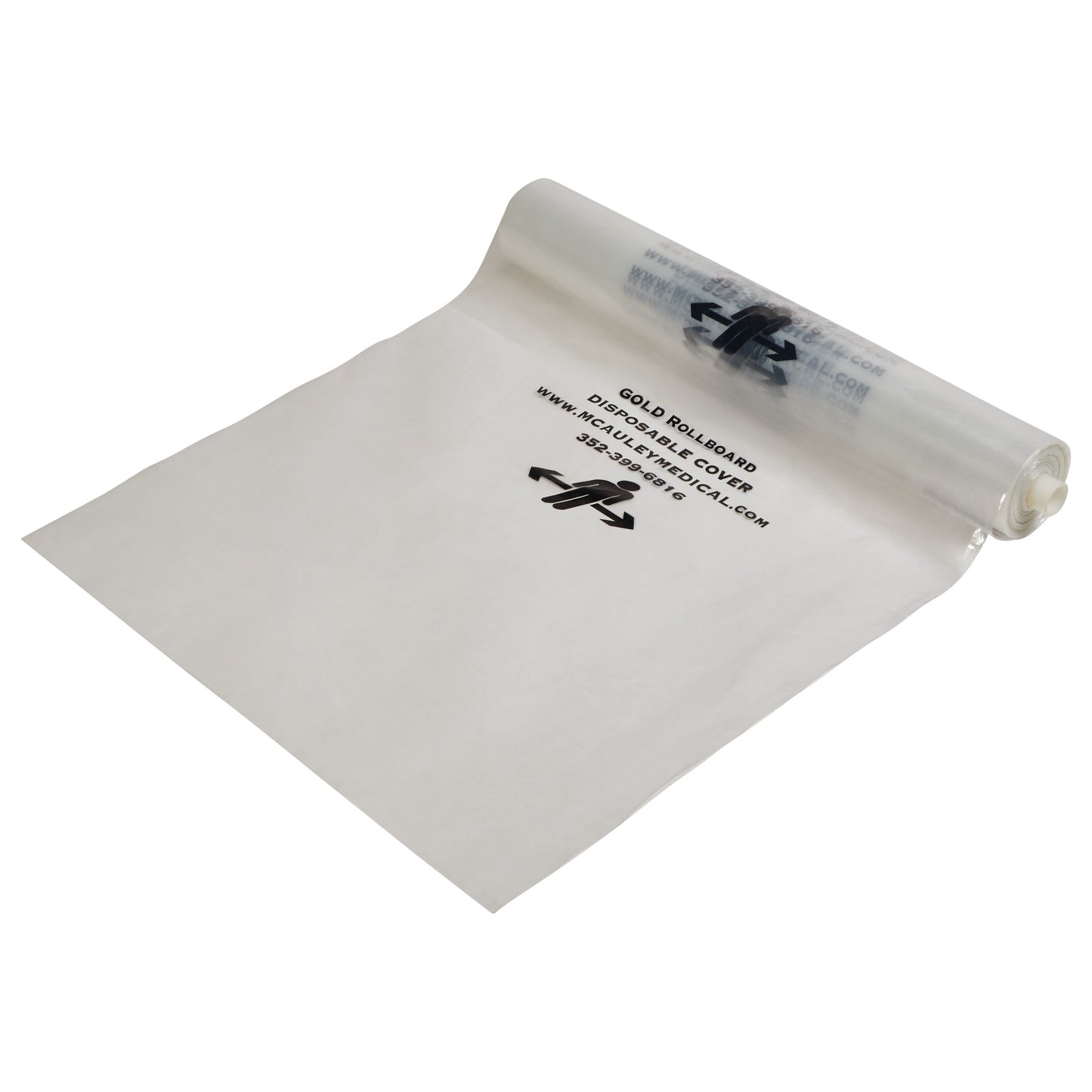 A roll of clear plastic marked with text and arrows, labeled as a Disposable Cover for AliMed Soft Gold Rollboard.
