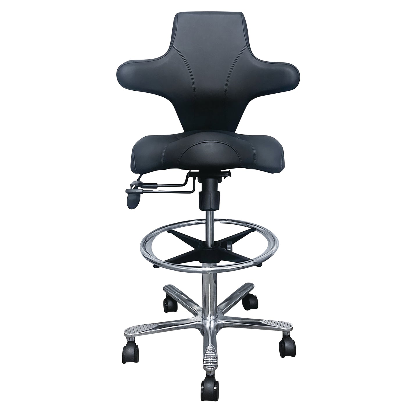 A black Brandt Industries Sonography Chair with adjustable backrest, chrome foot ring, and five-wheel base for mobility.