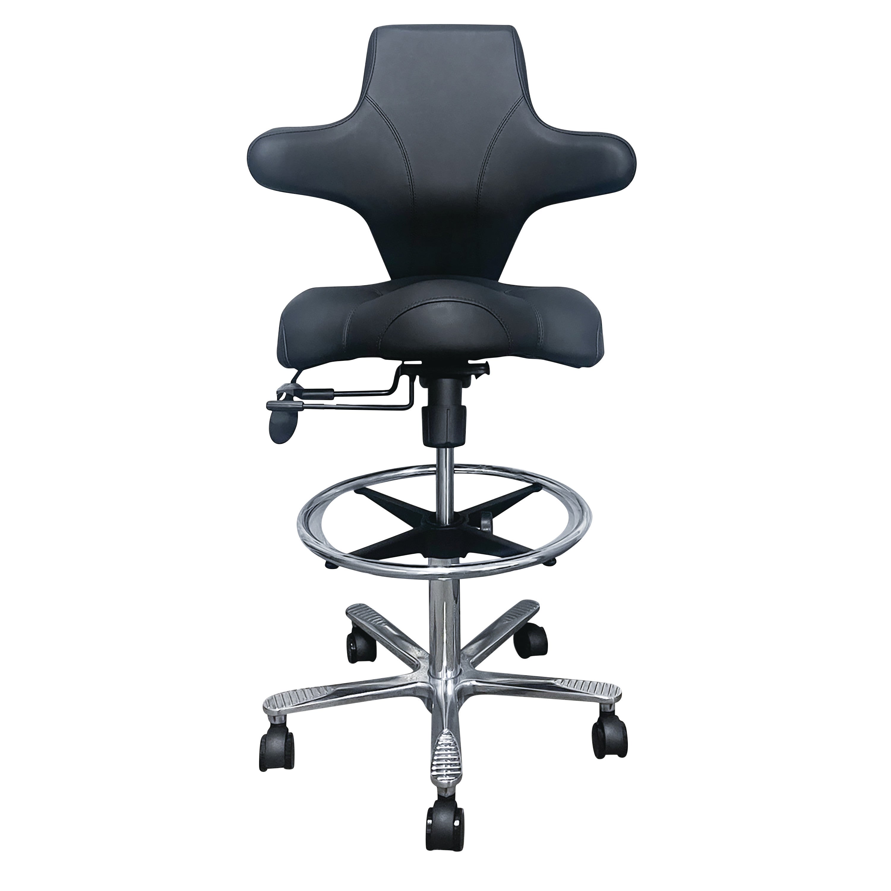 A black Brandt Industries Sonography Chair with adjustable backrest, chrome foot ring, and five-wheel base for mobility.