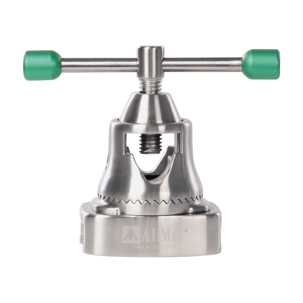 AliMed Clark Socket Plus, Slide-On Table Clamp, made of stainless steel with a T-handle and green grips, used for medical purposes.