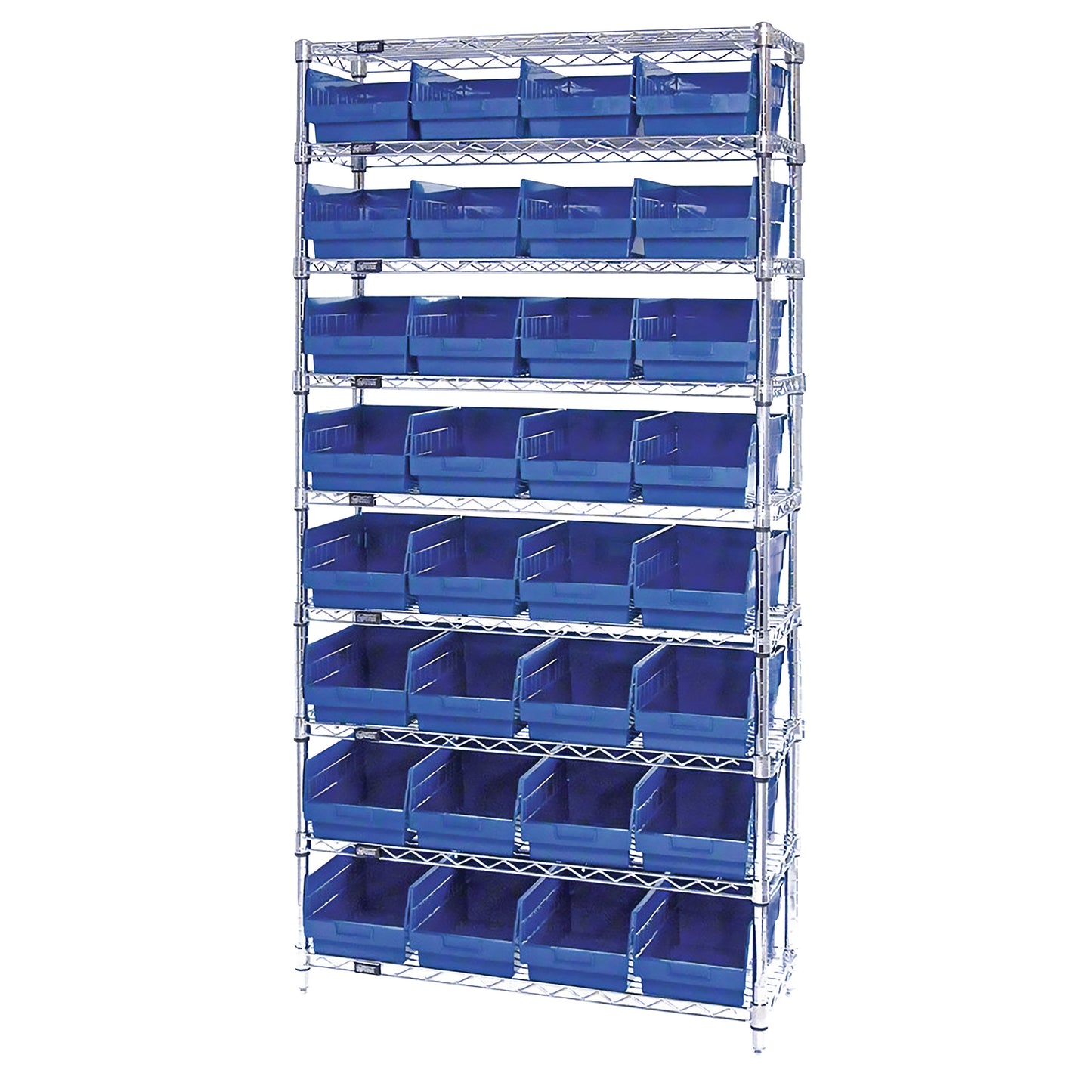 Chrome Wire 9-Shelf Bin System features a metal shelving unit with blue plastic bins, arranged in rows and columns for storage.