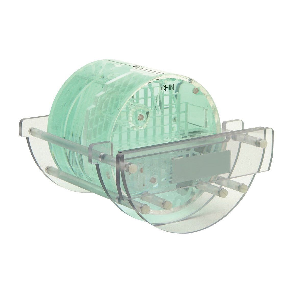 The MRI Phantom Cradle is a transparent, cylindrical holder with a green tint and curved supports.