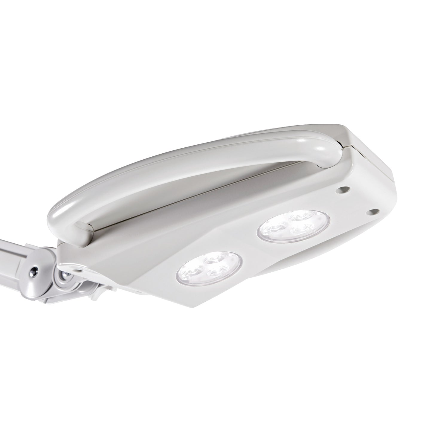 The Burton Nova Exam LED Light features a sleek, white adjustable arm and two circular LED lights for medical examination purposes.