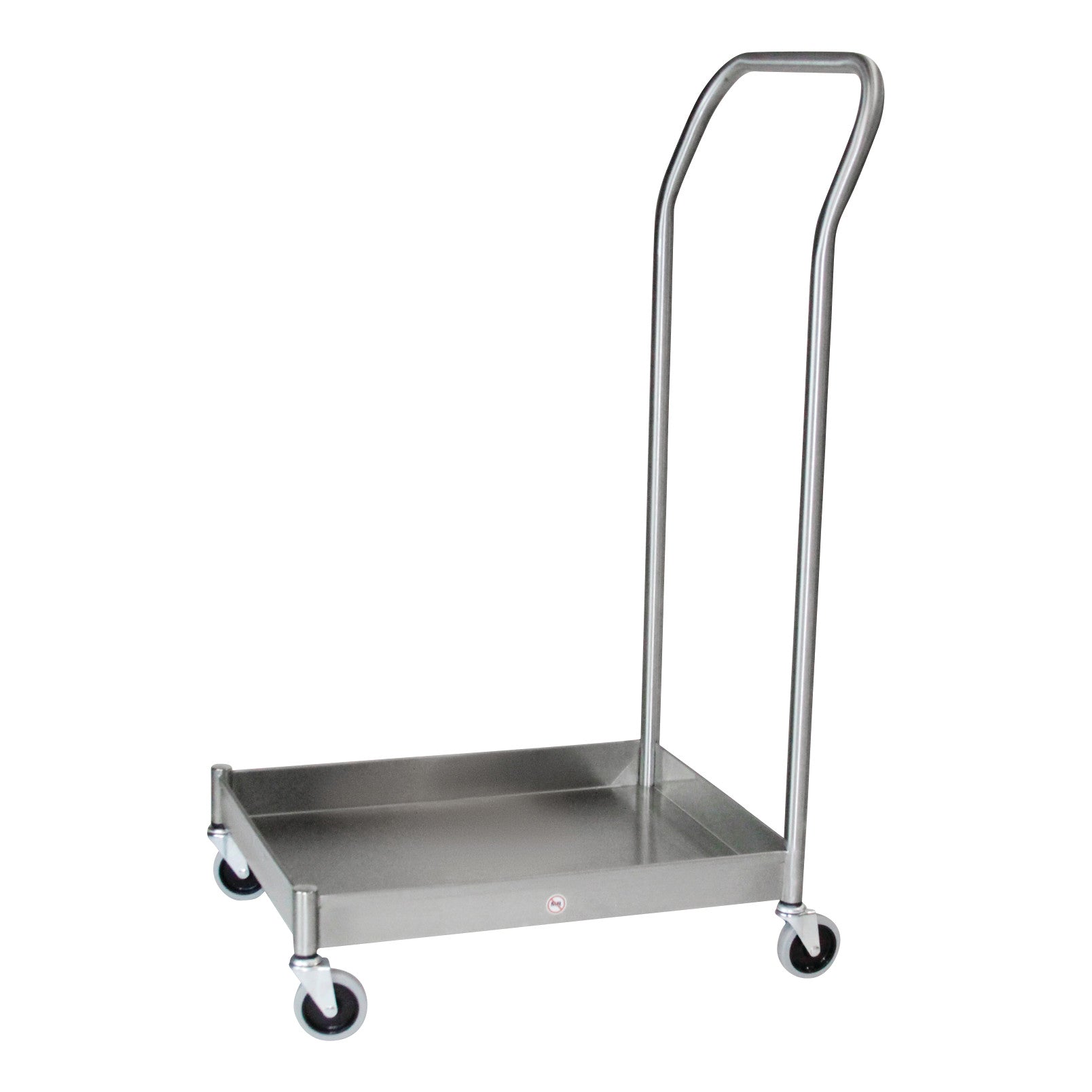 A metal dolly for Blickman EZ Stacking Stool with four wheels and a tall handle for easy transport.