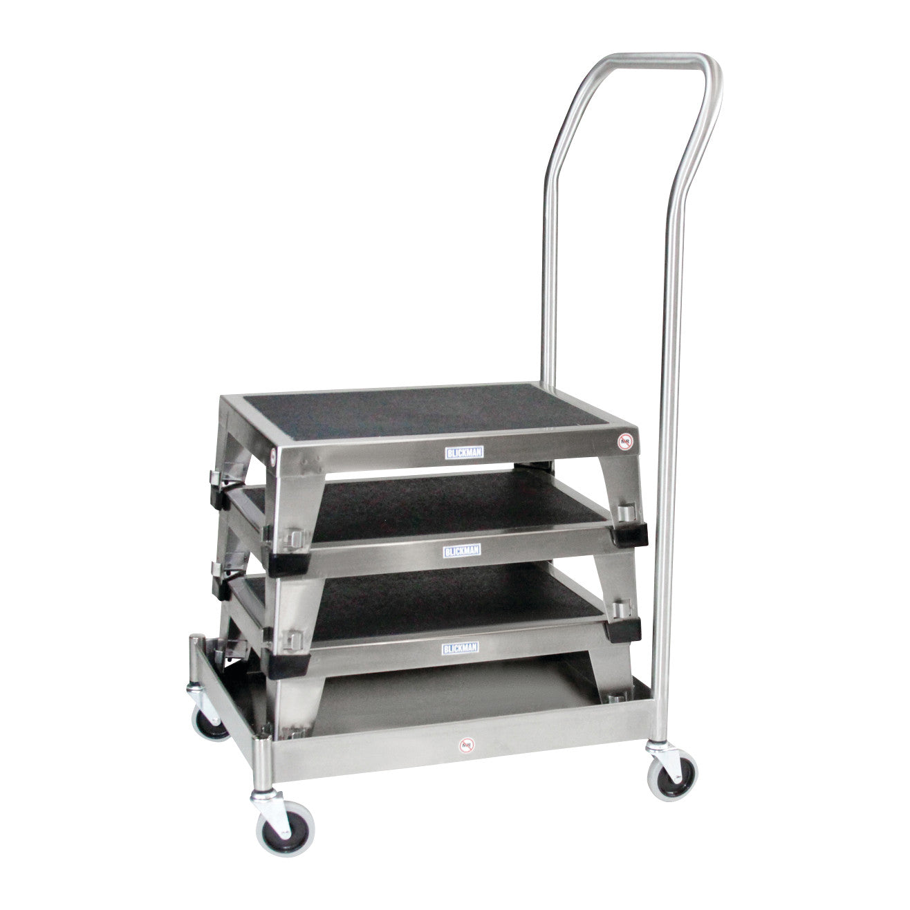Dolly for Blickman EZ Stacking Stool with three stackable steps, a handle, and swivel casters for easy movement.