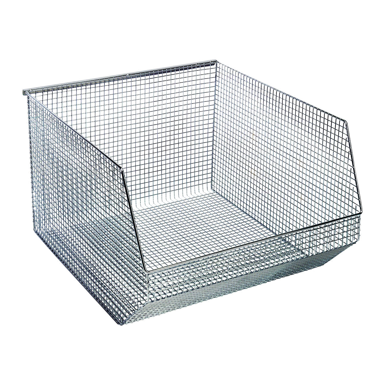 The Quantum Mesh Stack and Hang Wire Bin is a metal storage bin with a grid design, featuring an open front for easy access.