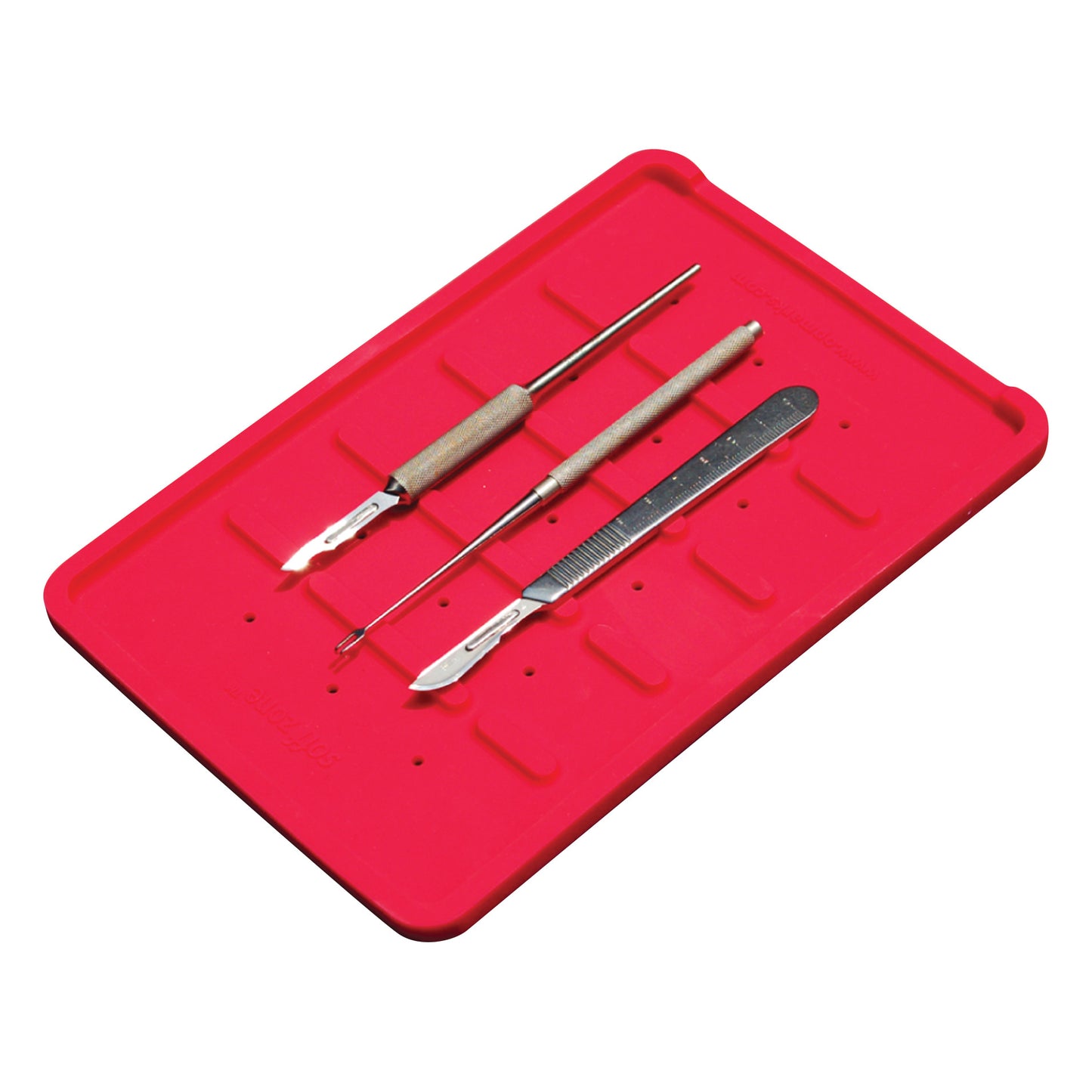 A red Soffzone Safety Tray holds surgical tools, including a scalpel and two handle-tipped instruments.