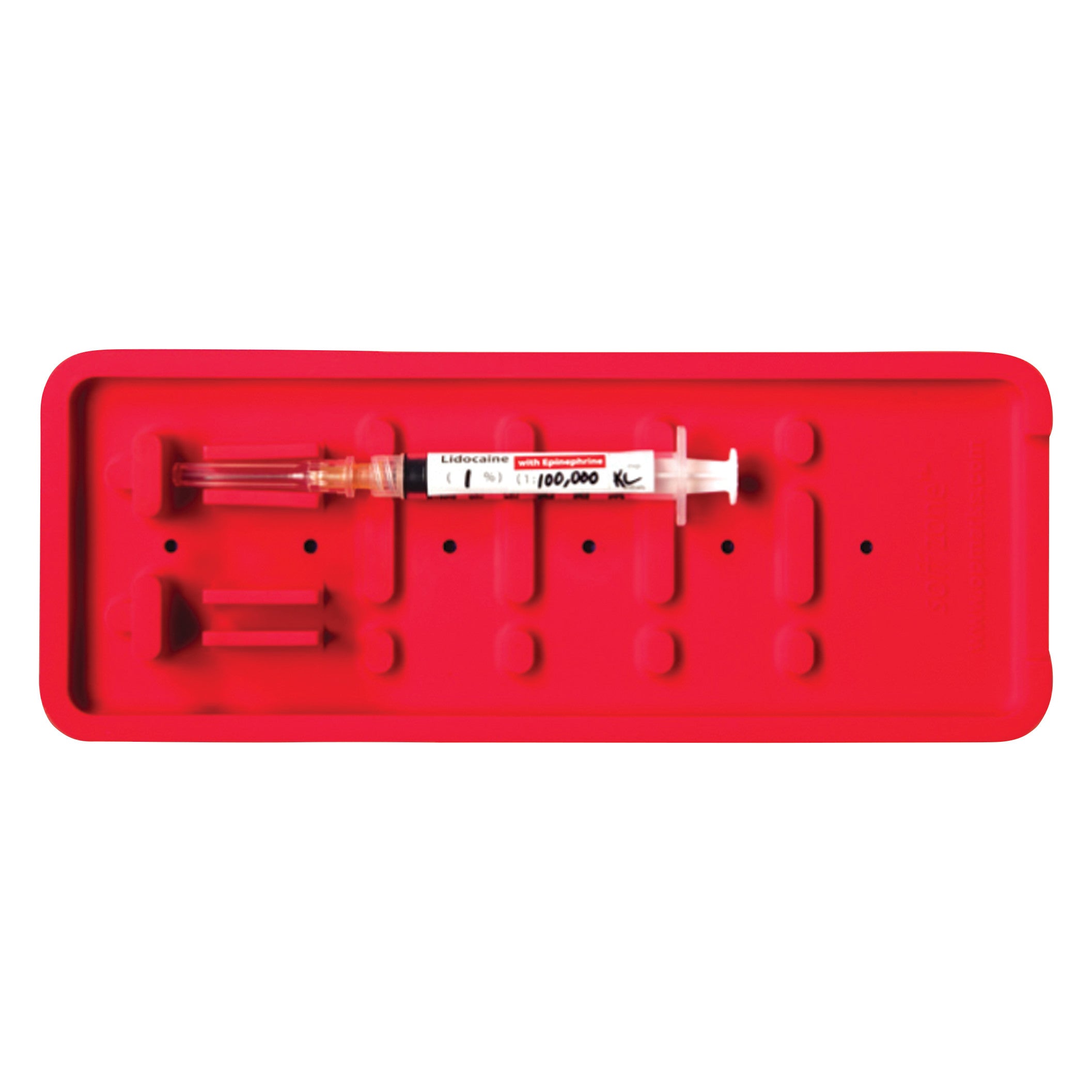 A Soffzone Syringe Holder in red holds a syringe labeled "Lidocaine with Epinephrine 1:100,000" against its molded surface.