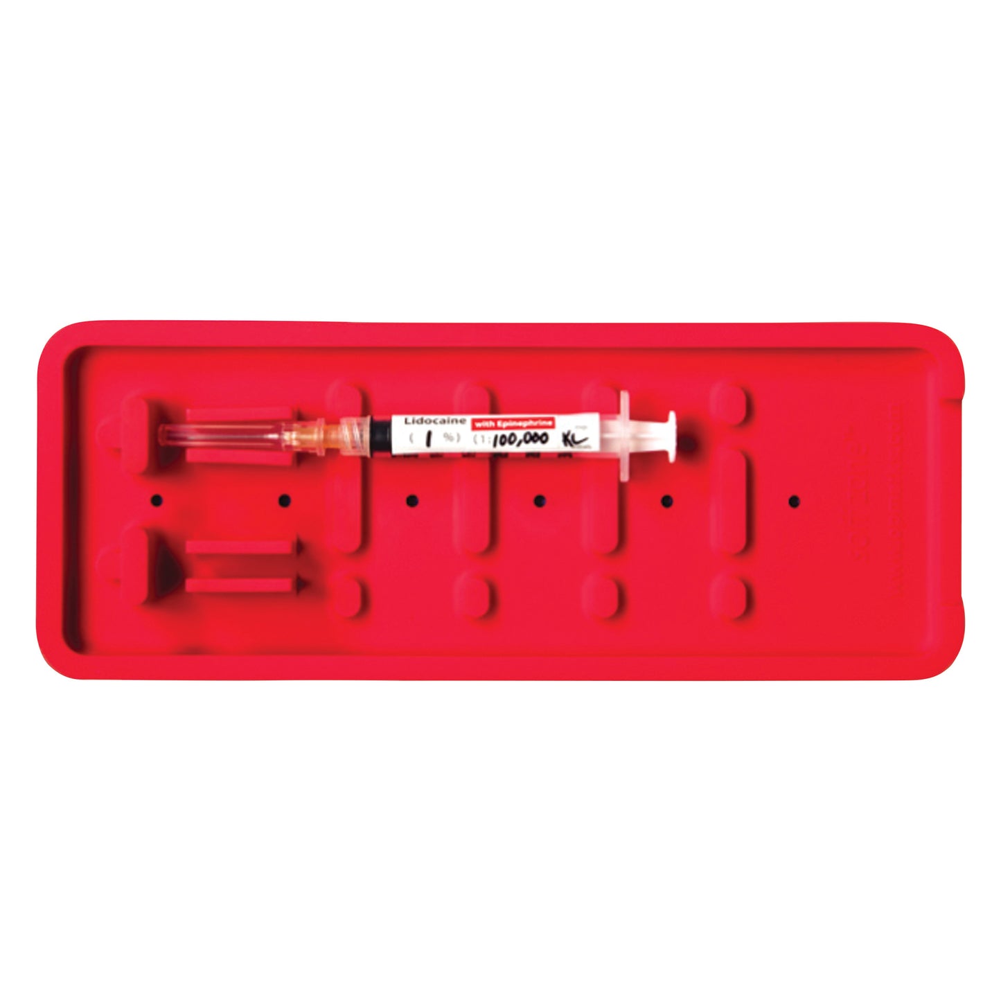 A Soffzone Syringe Holder in red holds a syringe labeled "Lidocaine with Epinephrine 1:100,000" against its molded surface.