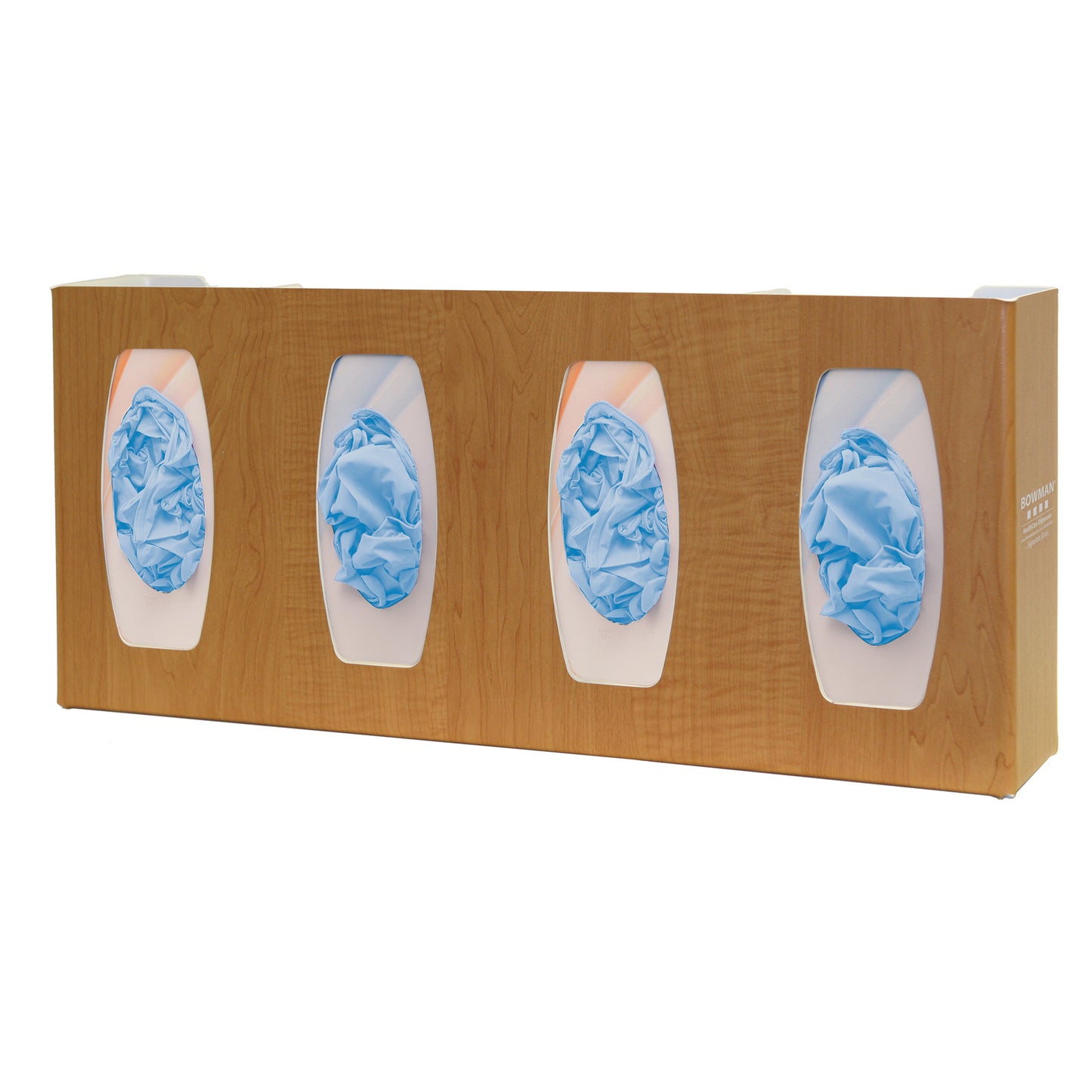 Bowman Signature Series Fauxwood Glove Box Dispenser holds four compartments with blue gloves visible through oval openings.