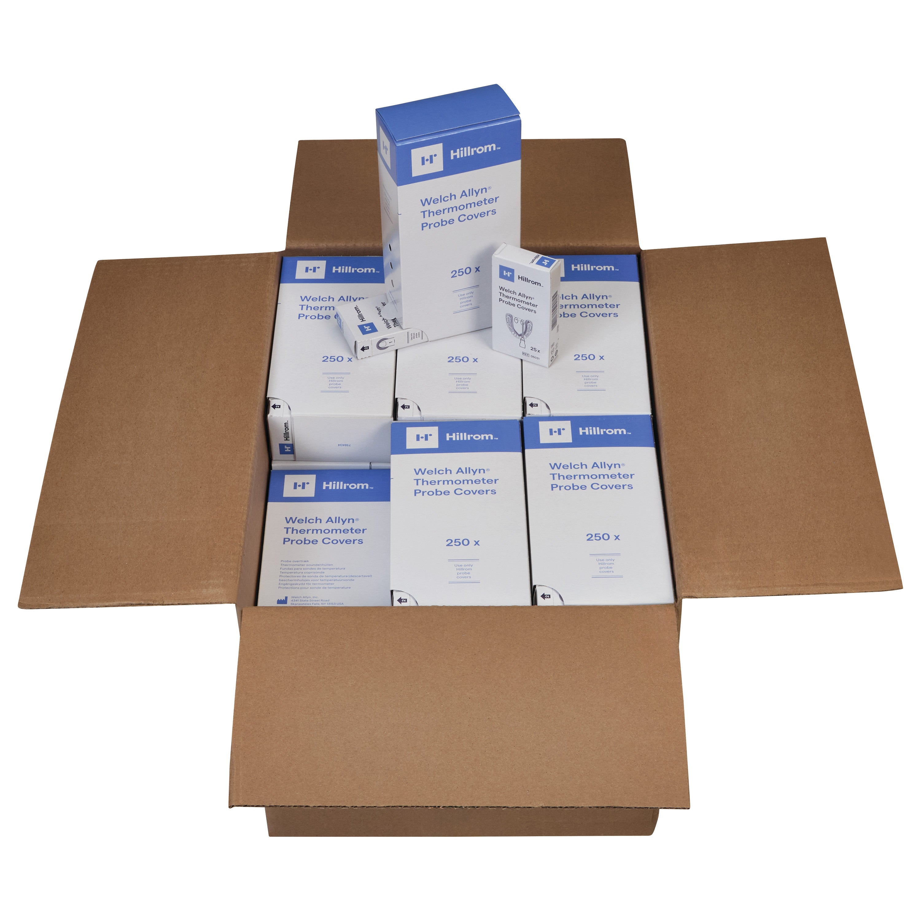 A cardboard box contains multiple boxes of Probe Cover for Electronic Thermometer, each holding 250 covers.