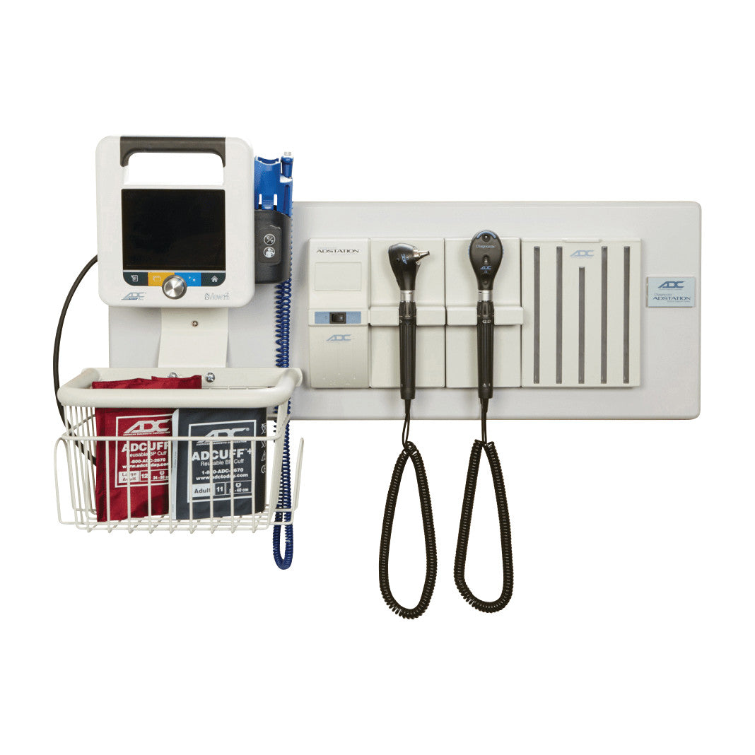 ADstation Diagnostic Wall Station with blood pressure cuffs, a monitor, and otoscope and ophthalmoscope mounted on a wall panel.