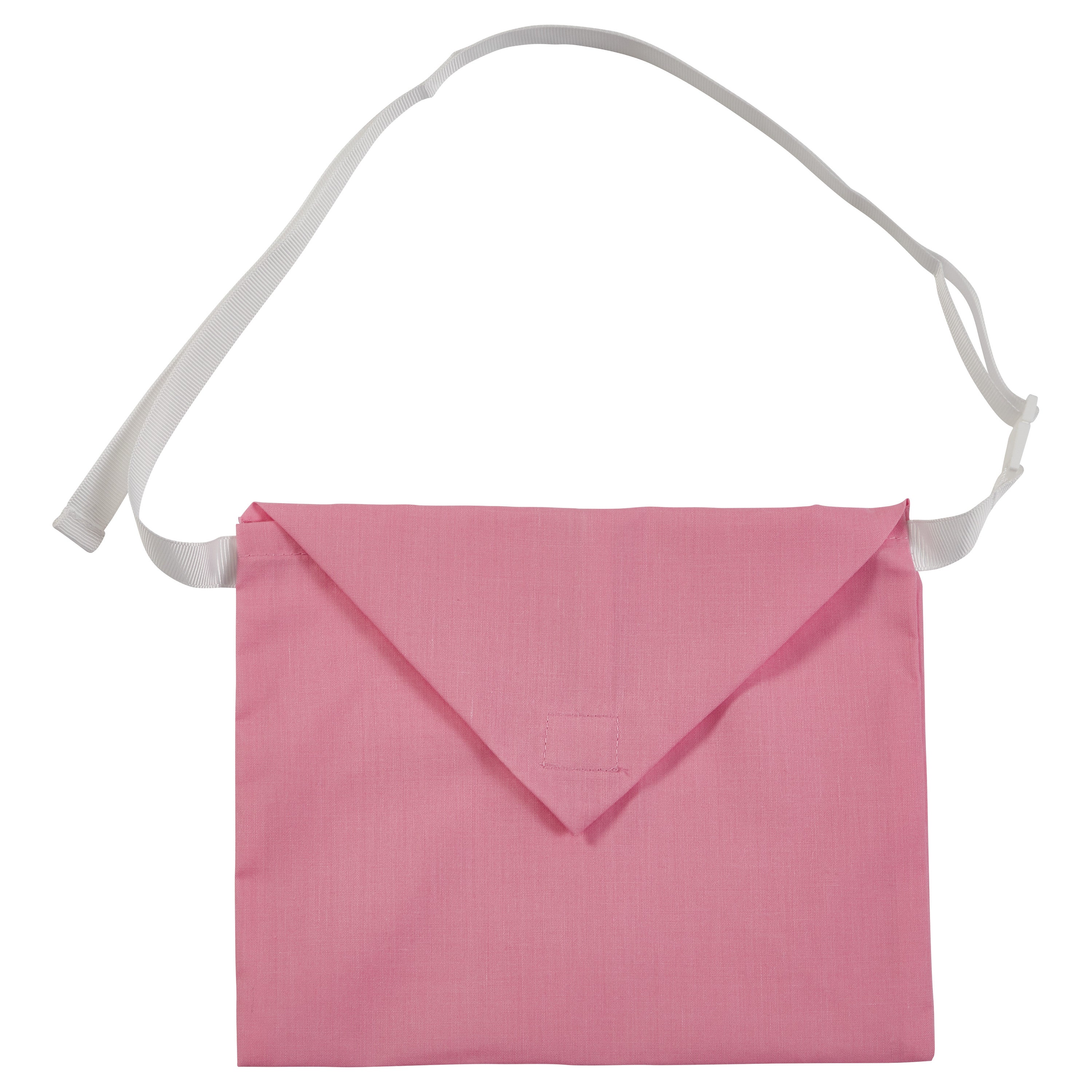 Pink Expand-A-Band Drain Pouch with a white adjustable strap and a flap closure, designed for post-surgical fluid management.