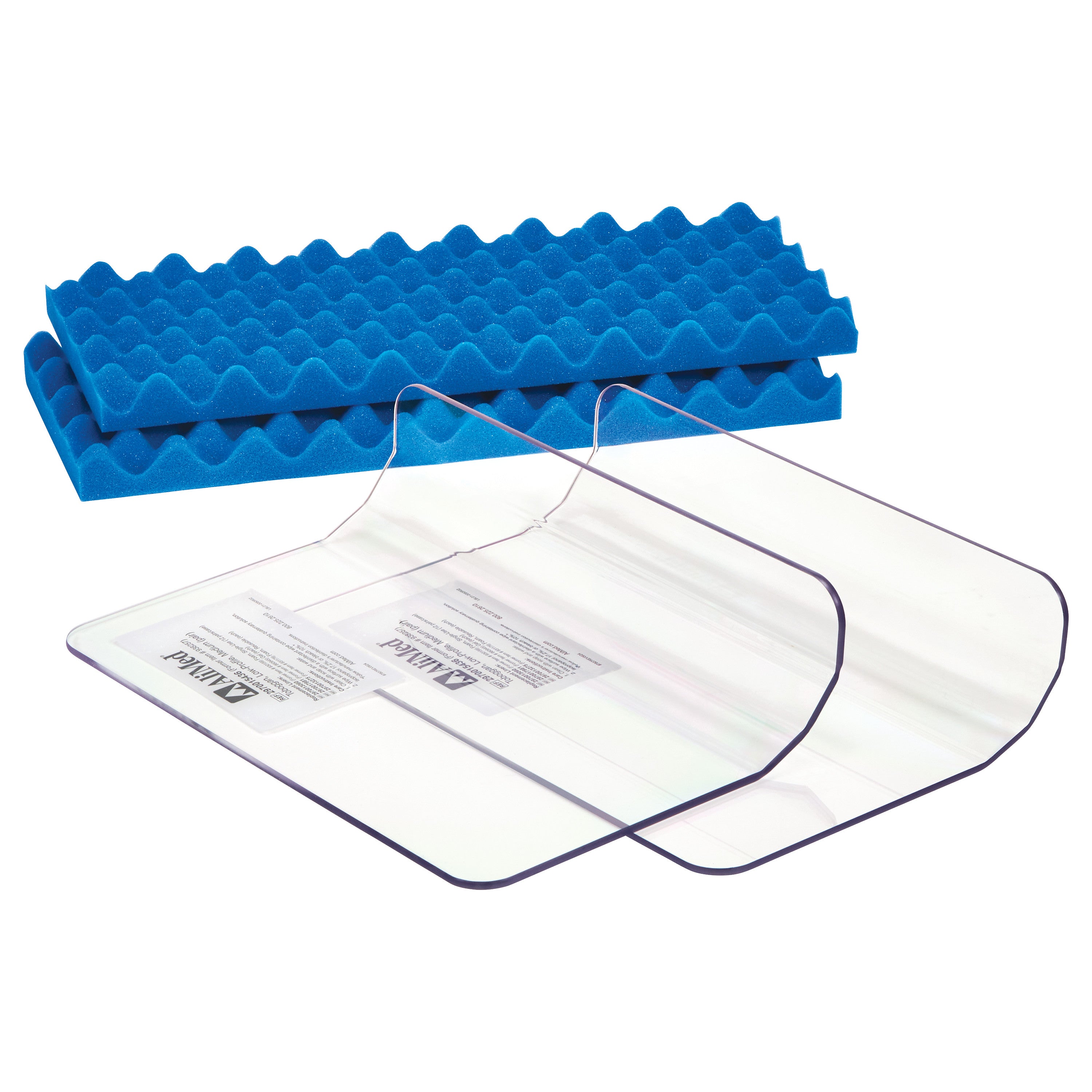 AliMed Low-Profile Toboggan and Single-Use Liner Kit includes two clear plastic guards and two blue foam liners..