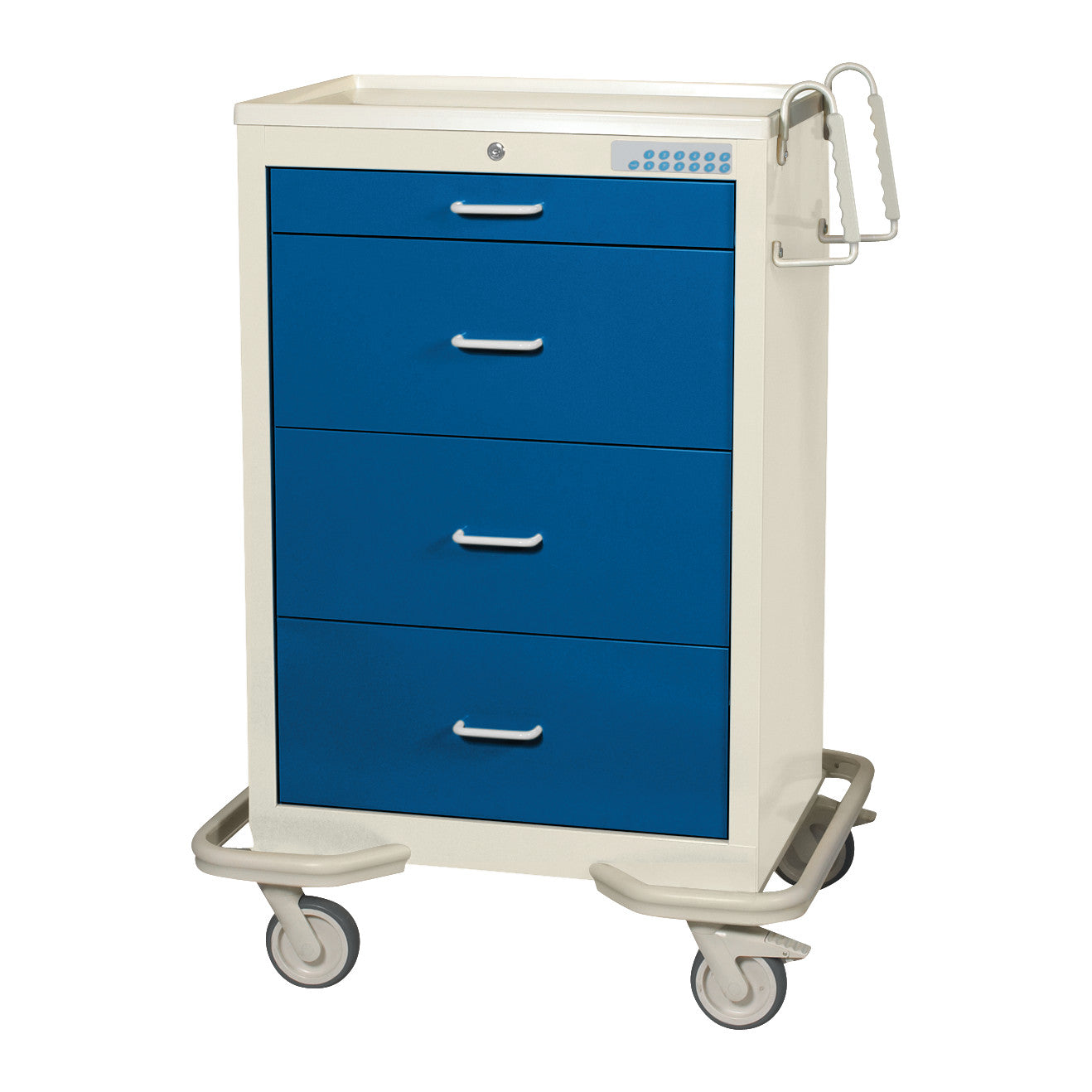 AliMed Standard Series 4-Drawer Isolation Cart with Electronic Lock features blue drawers, white frame, and wheels for mobility.