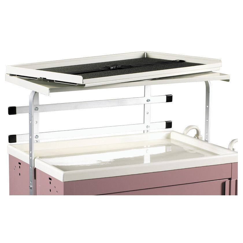 AliMed Cart Accessory: Single Swivel Defibrillator Shelf for Standard/Wide Series Medical Carts, featuring a black padded surface.
