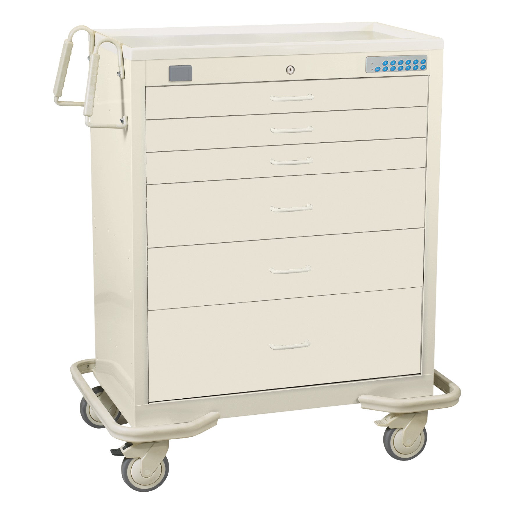 AliMed Wide Series 6-Drawer Anesthesia/Procedure Cart with Proximity Lock, featuring six drawers and wheels for mobility.