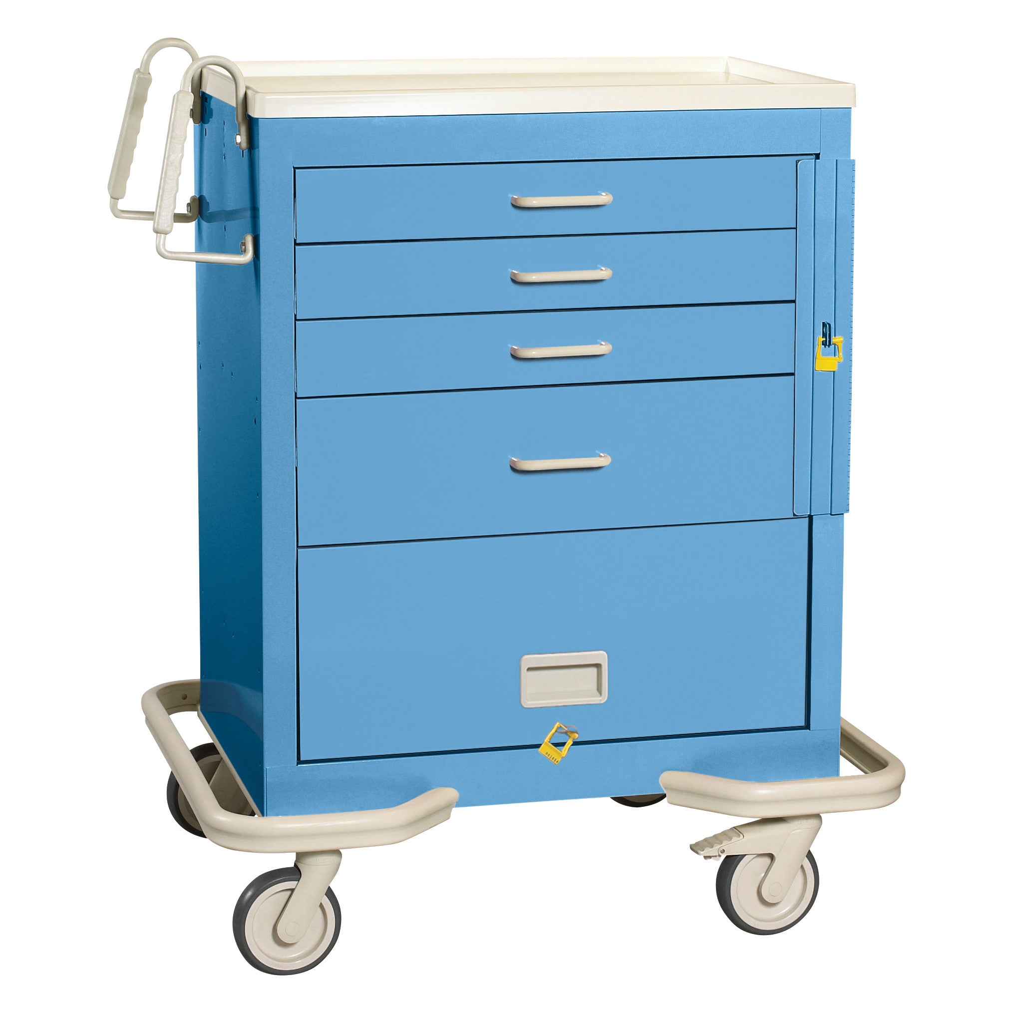 AliMed Standard Series 4-Drawer Emergency Cart with Bottom Panel, blue with four drawers, side handle, and wheels for mobility.